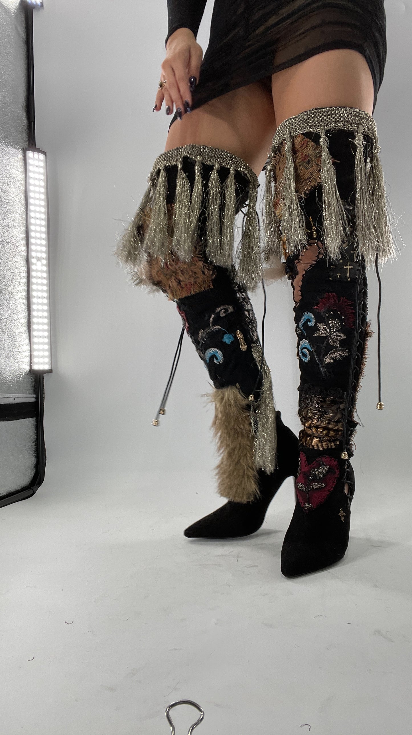 Custom Hand Sewn + Embroidered Thigh High Boots (7.5)