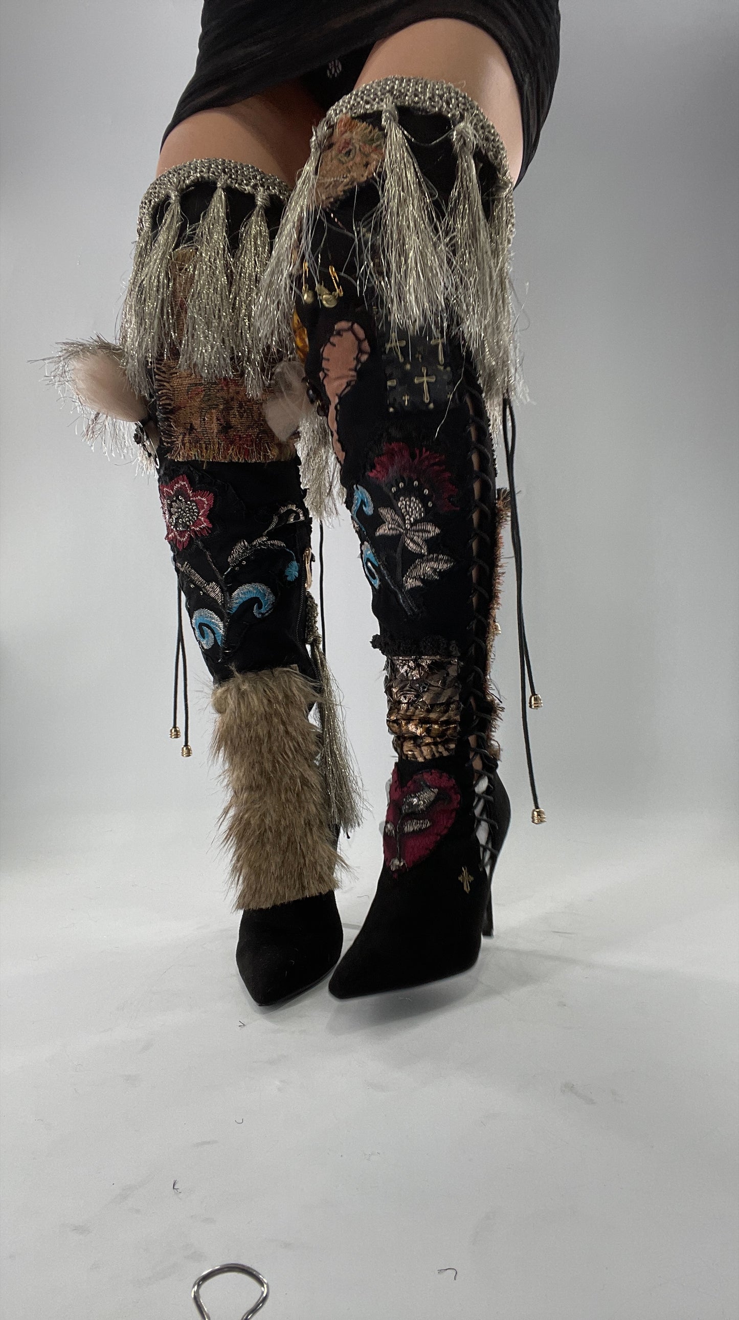 Custom Hand Sewn + Embroidered Thigh High Boots (7.5)