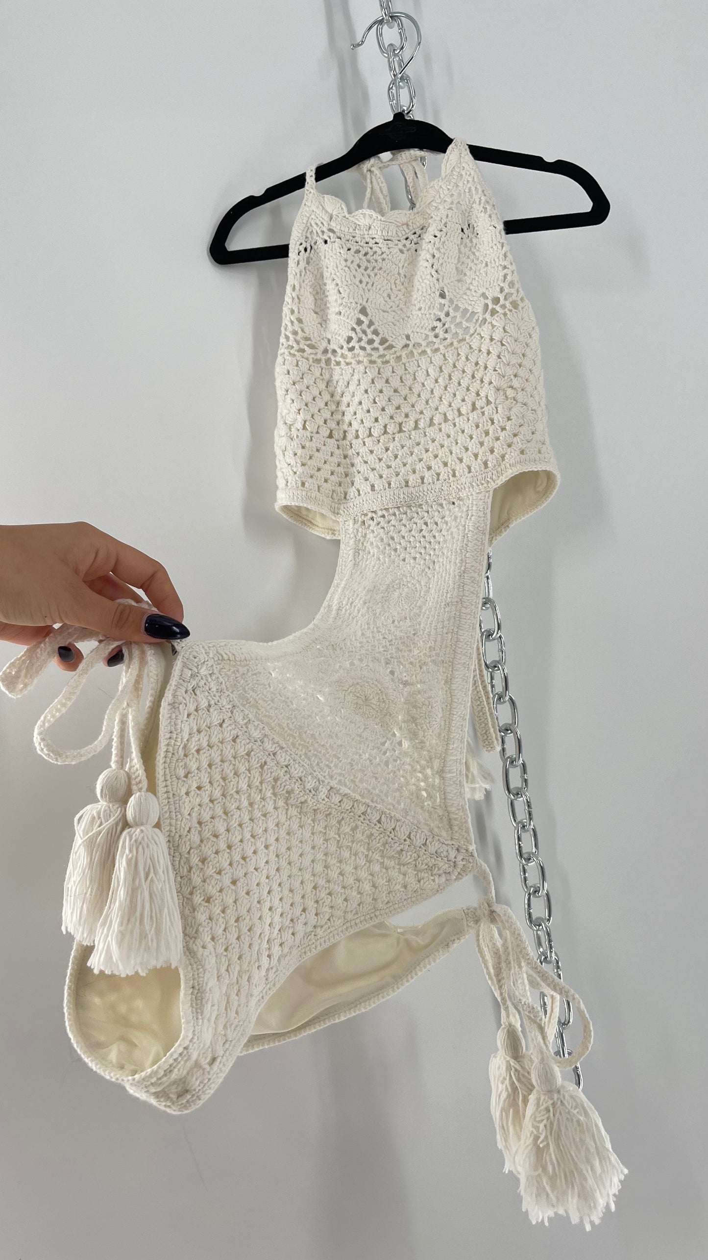 Free People White Crochet Swim Bodysuit (Small)