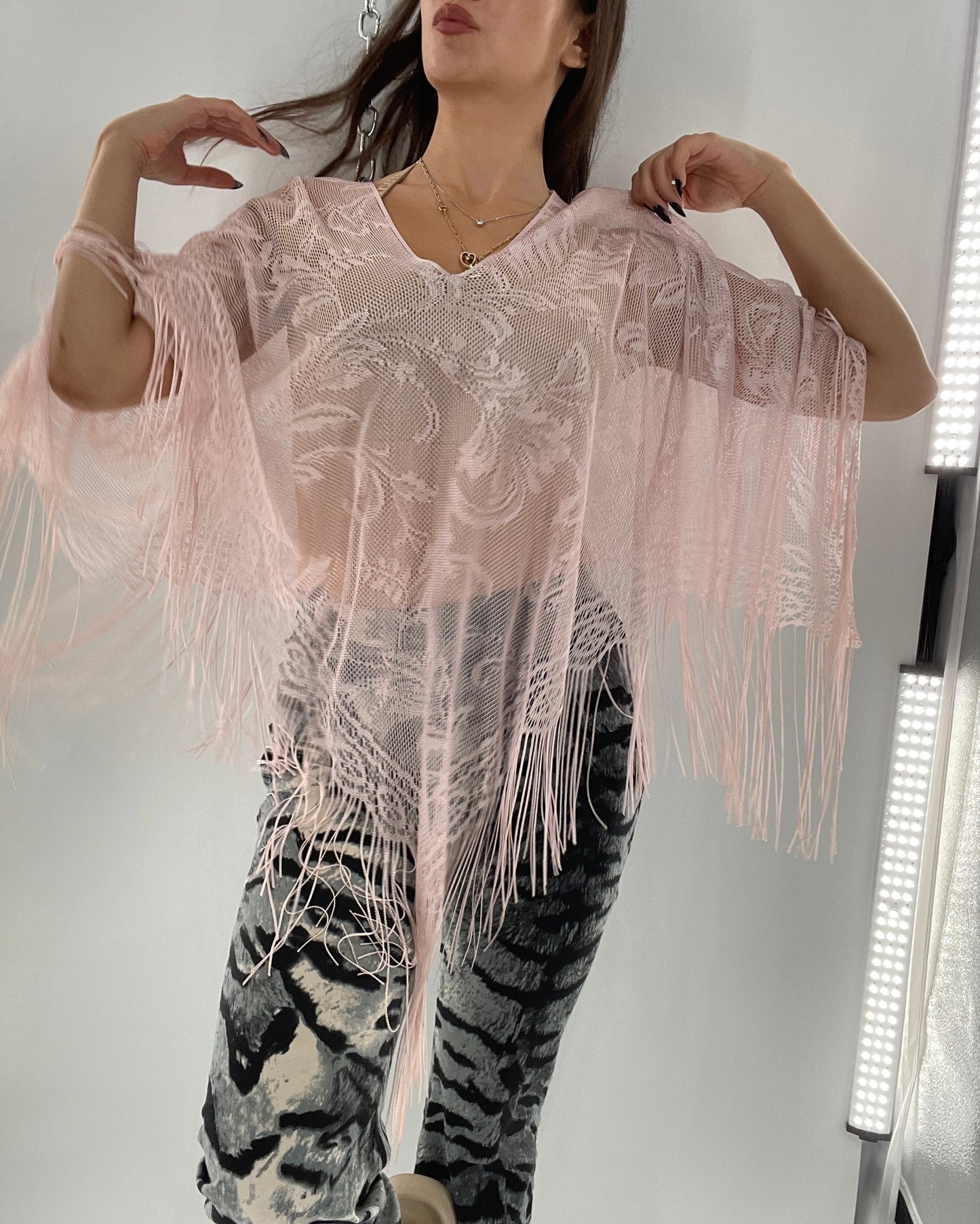 Vintage Pink Fringe Poncho (One Size)