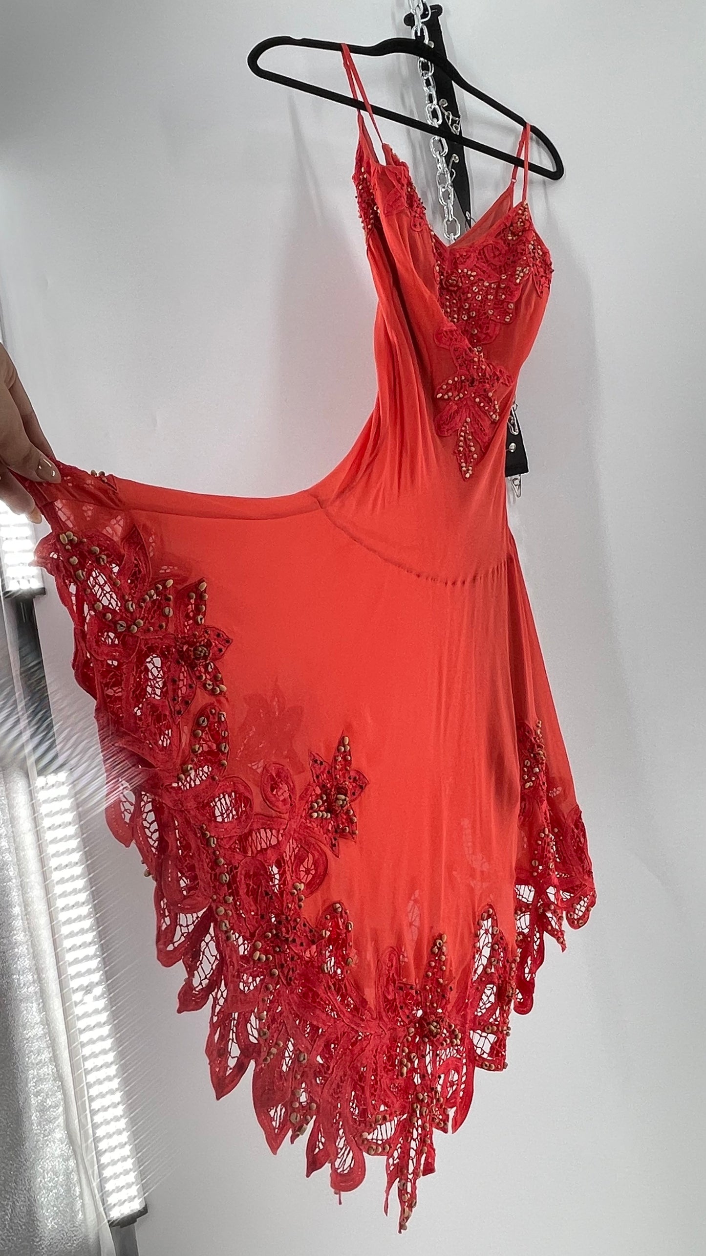 1990s Vintage Cache Coral Appliqué Tropical Beaded Slip (2)