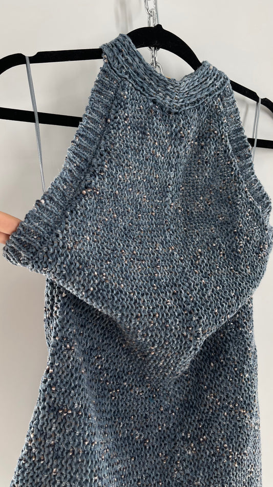 Free People Blue Crochet Knit Halter Romper (Medium)