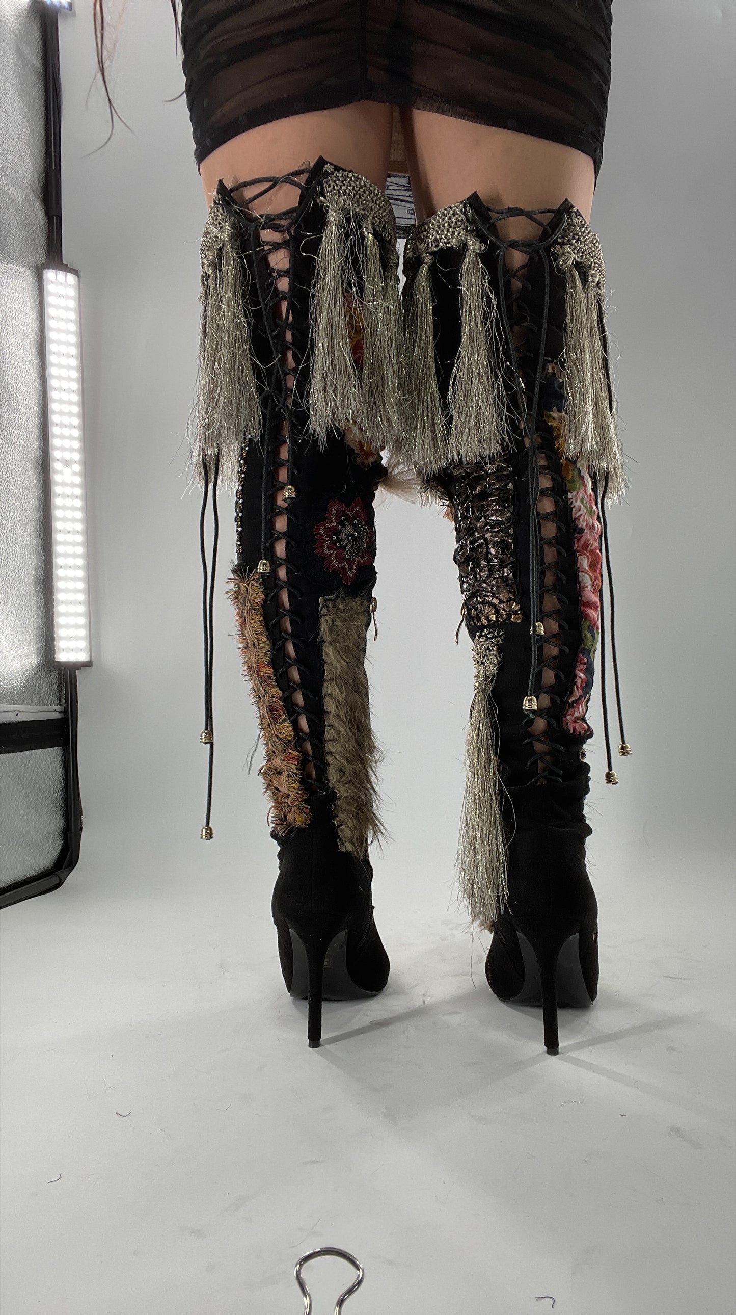 Custom Hand Sewn + Embroidered Thigh High Boots (7.5)