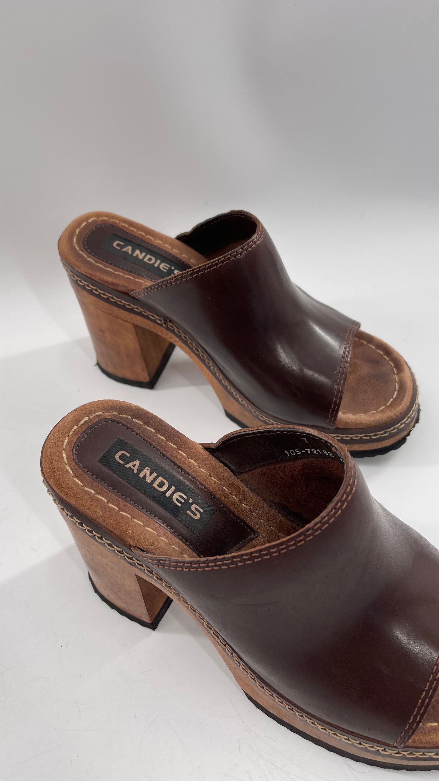 Vintage 1990s Candie’s Leather Mule Chunky Wood Platform Heels (7)