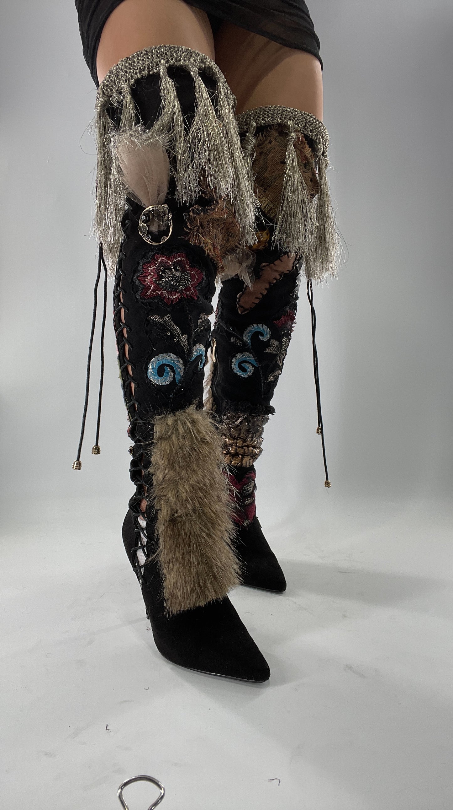 Custom Hand Sewn + Embroidered Thigh High Boots (7.5)