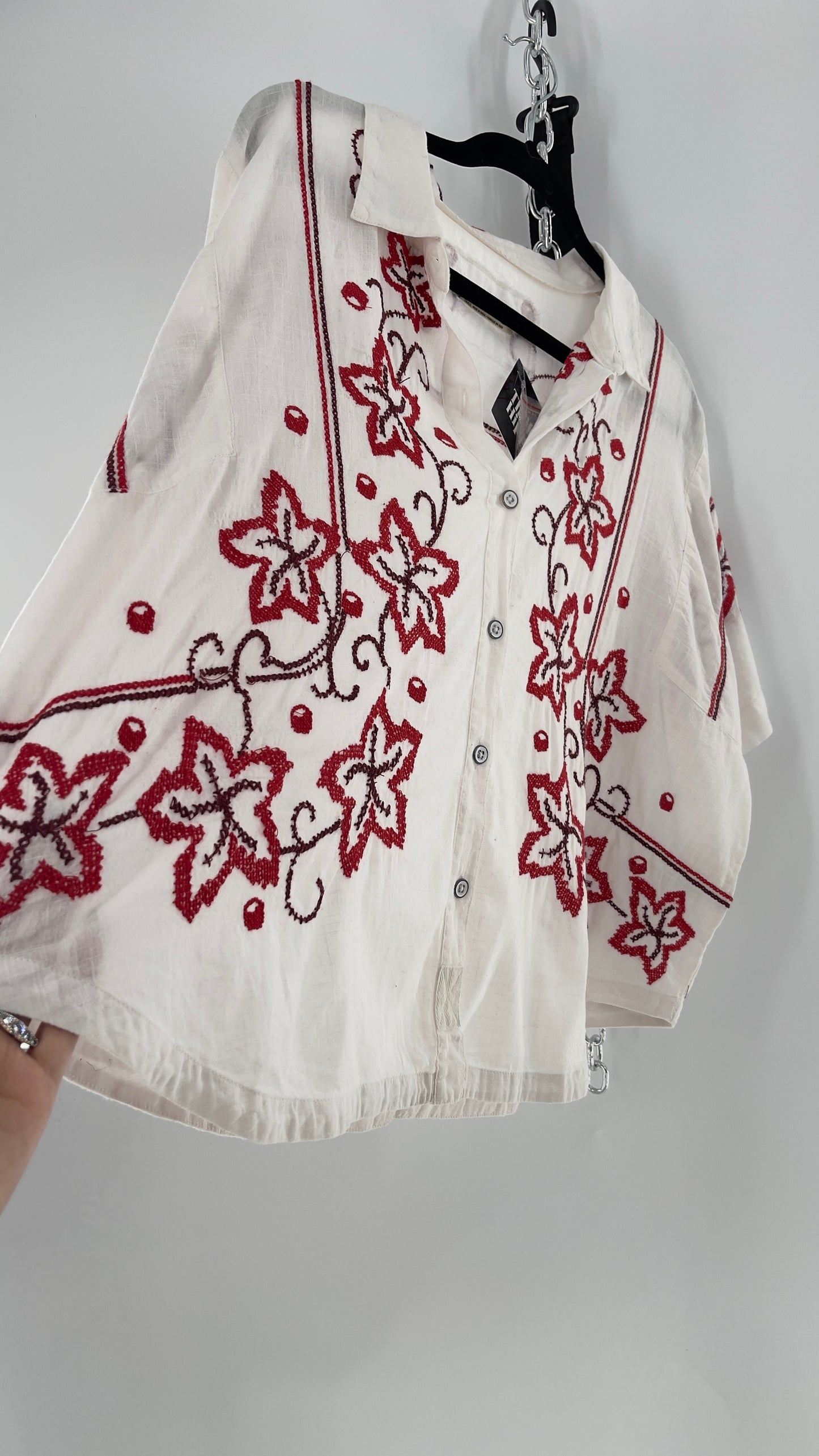 Free People White Cotton Boxy Button Short Sleeve with Red Needlepoint Embroidery (Small)