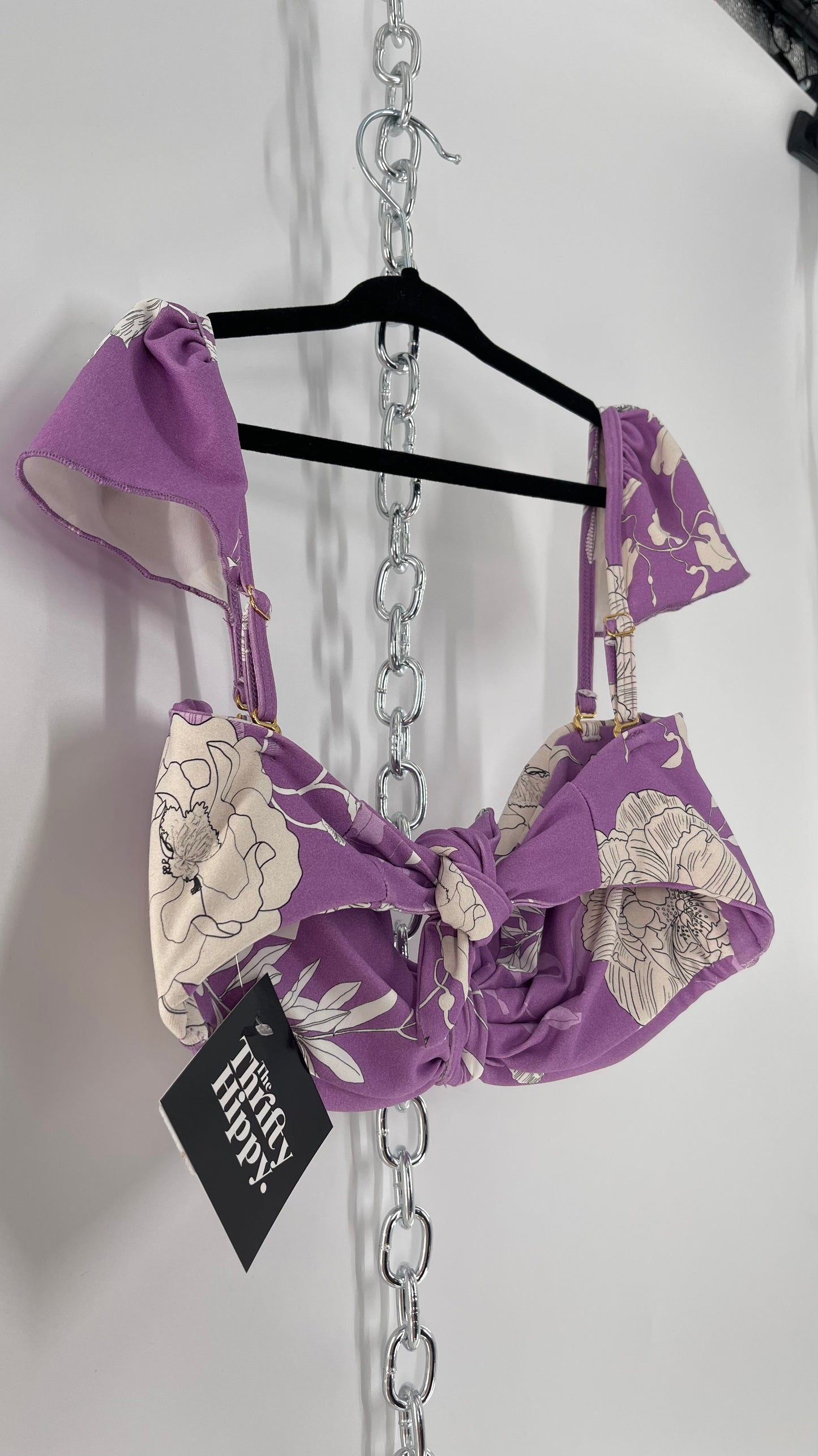 Montce Lilac Lavender Floral Swim Top with Tie Front and Ruffled Shoulder (Medium)