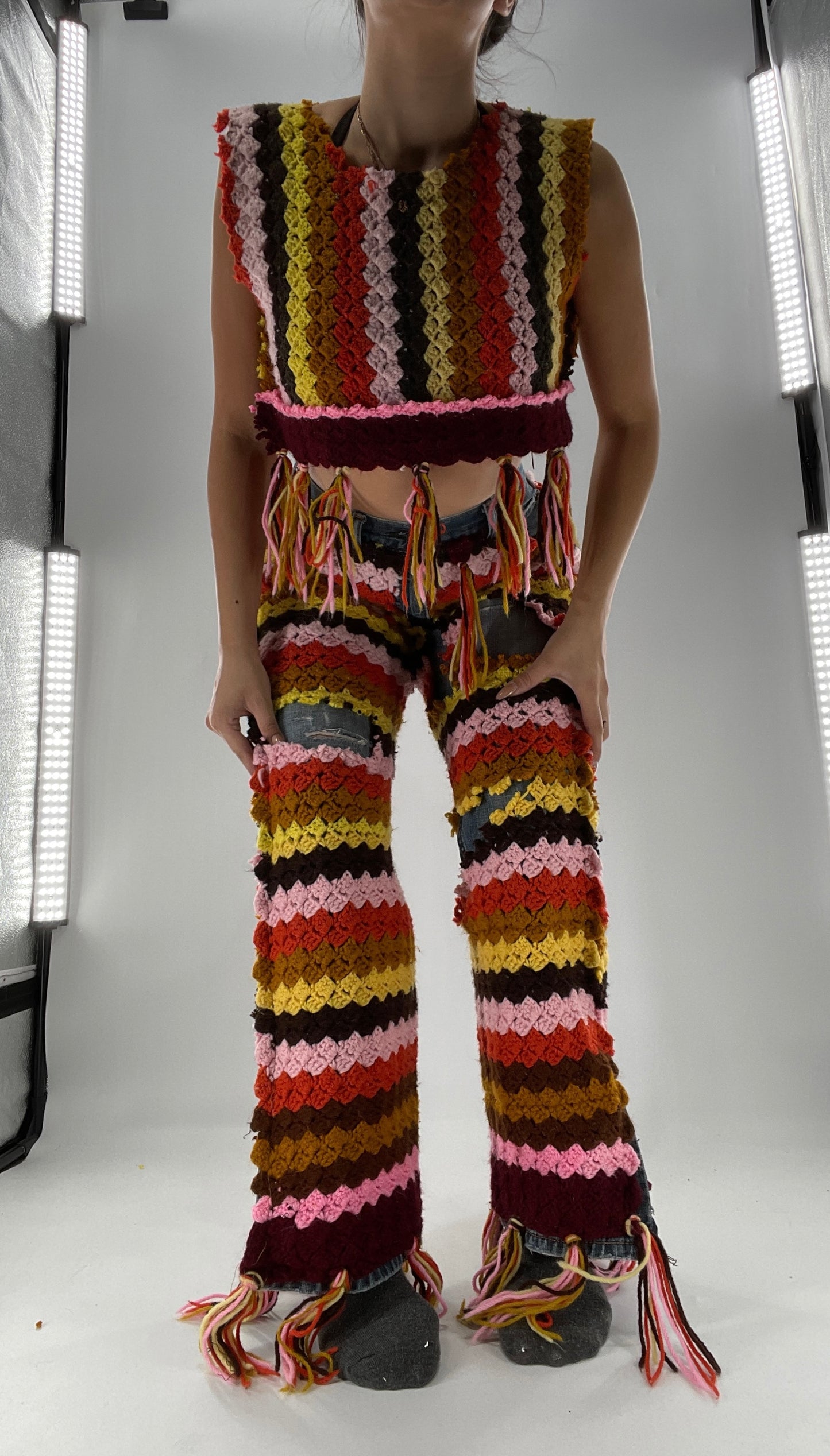 Custom Handmade RAGGEDY ANN Crochet Fringe Lined Crop (S/M)