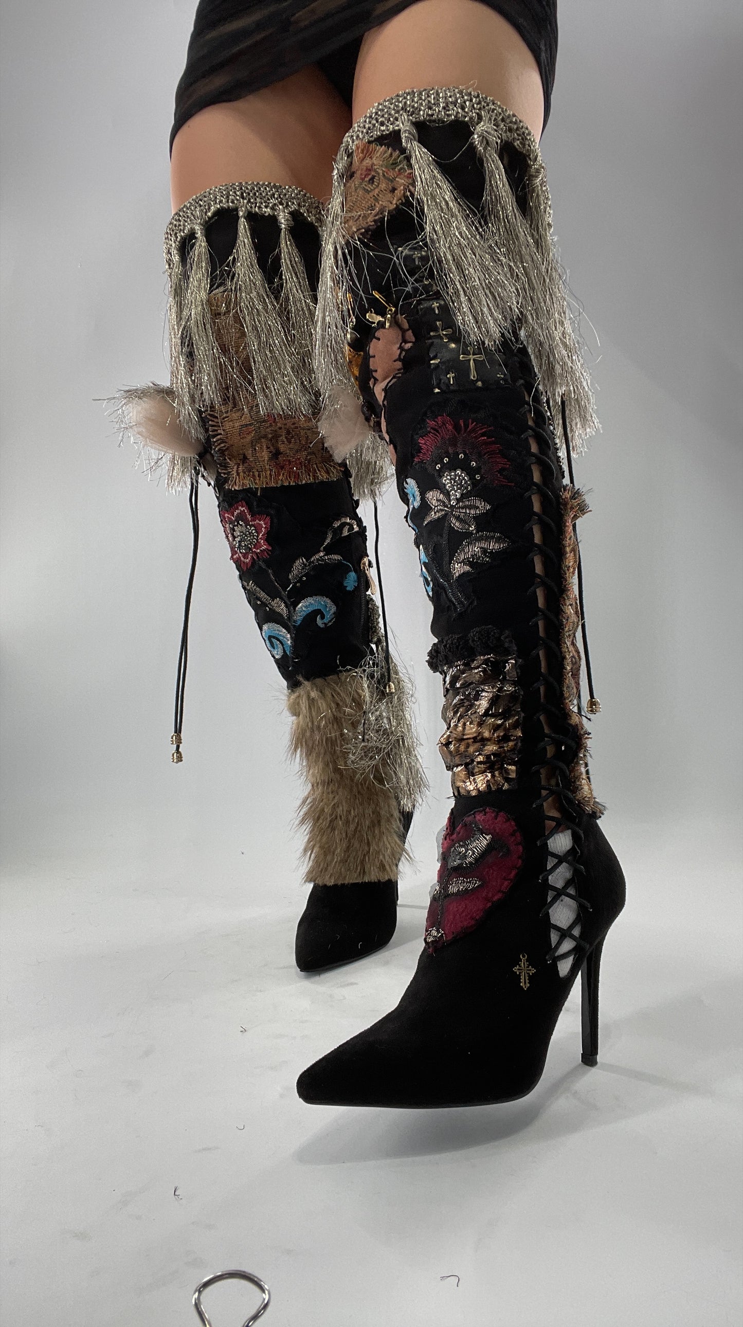 Custom Hand Sewn + Embroidered Thigh High Boots (7.5)