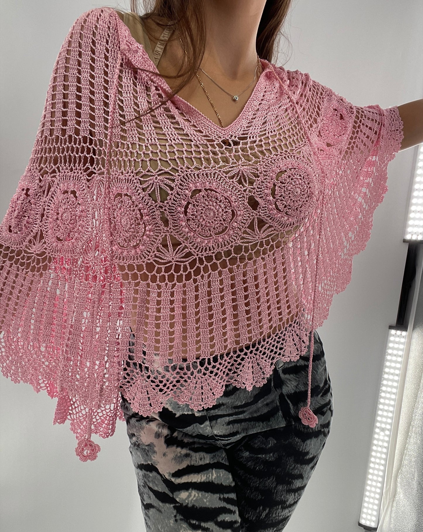 Vintage J&X NY BubbleGum Pink Crochet Embellished Poncho (One Size)