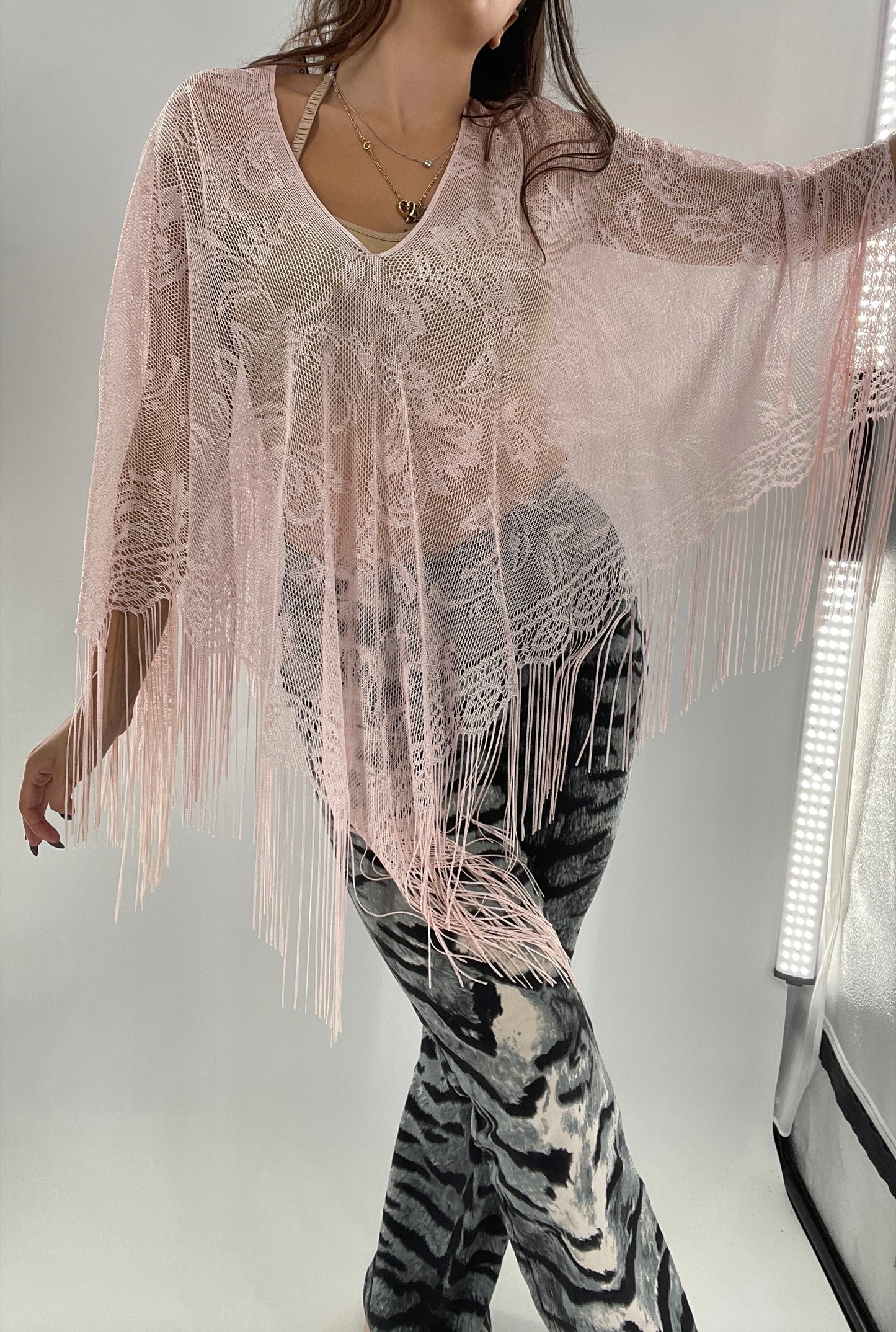 Vintage Pink Fringe Poncho (One Size)