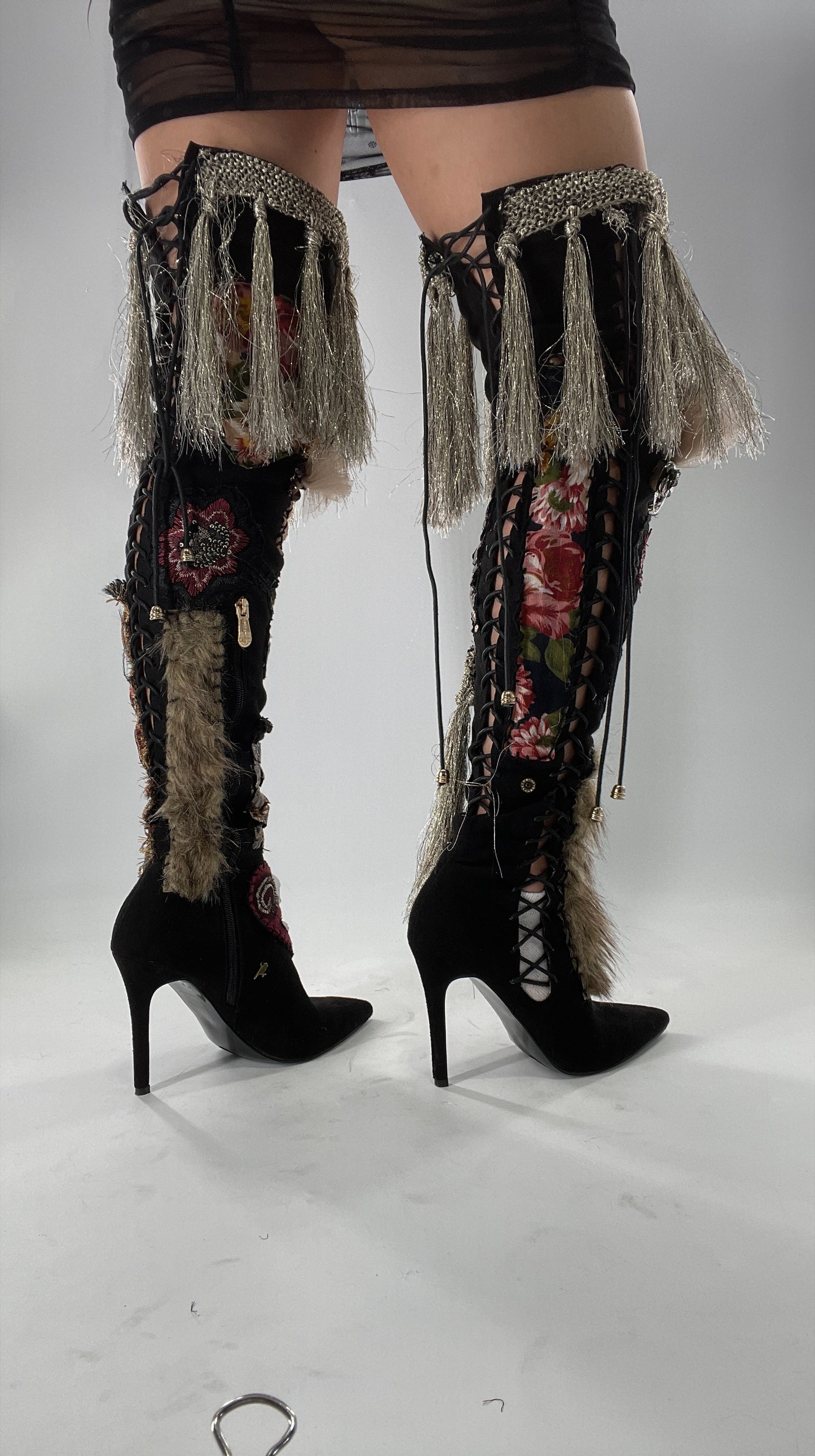 Custom Hand Sewn + Embroidered Thigh High Boots (7.5)