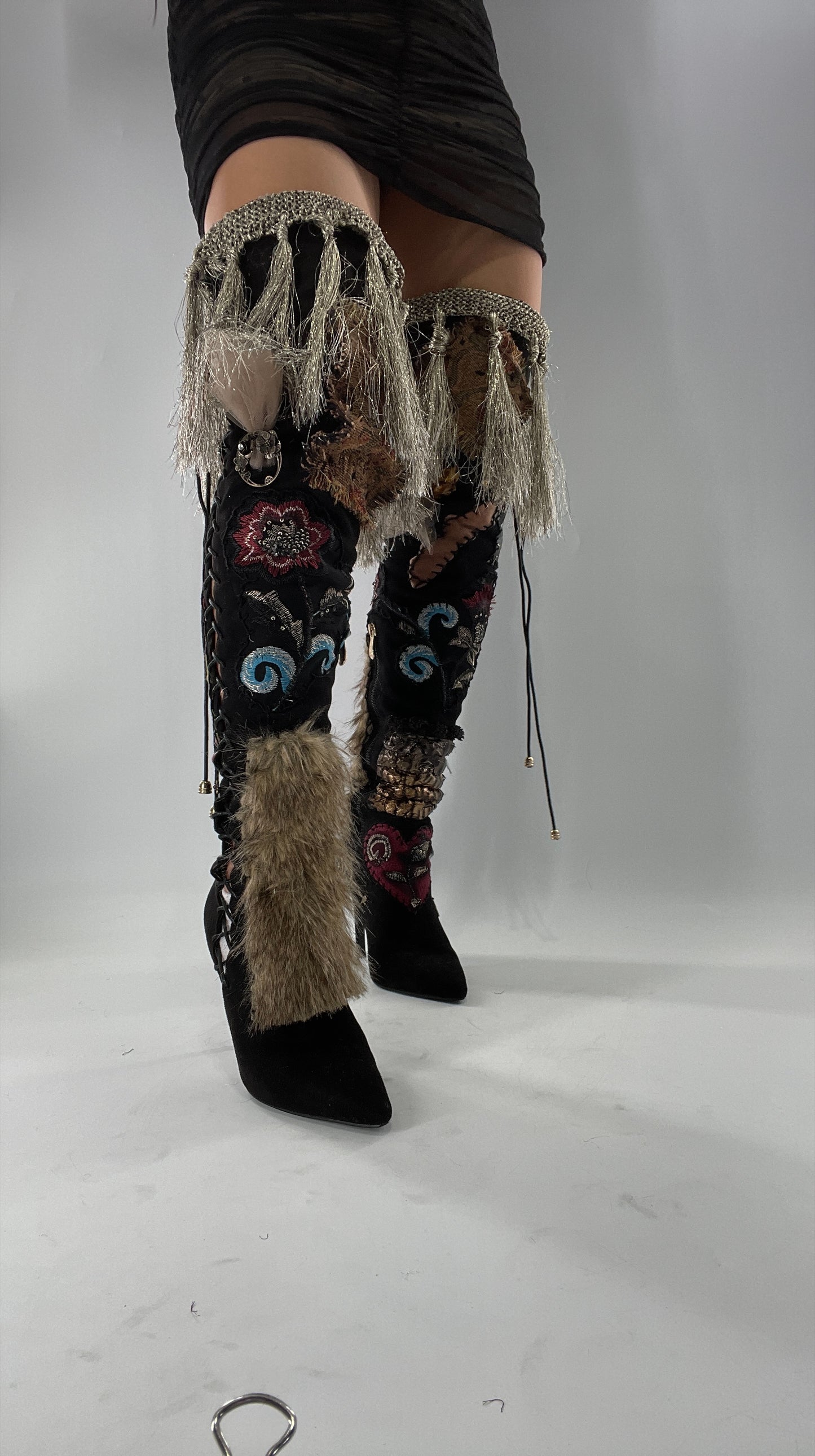 Custom Hand Sewn + Embroidered Thigh High Boots (7.5)