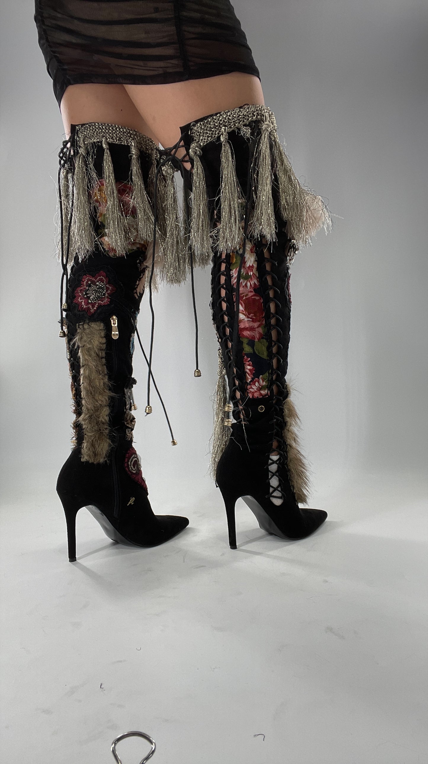 Custom Hand Sewn + Embroidered Thigh High Boots (7.5)