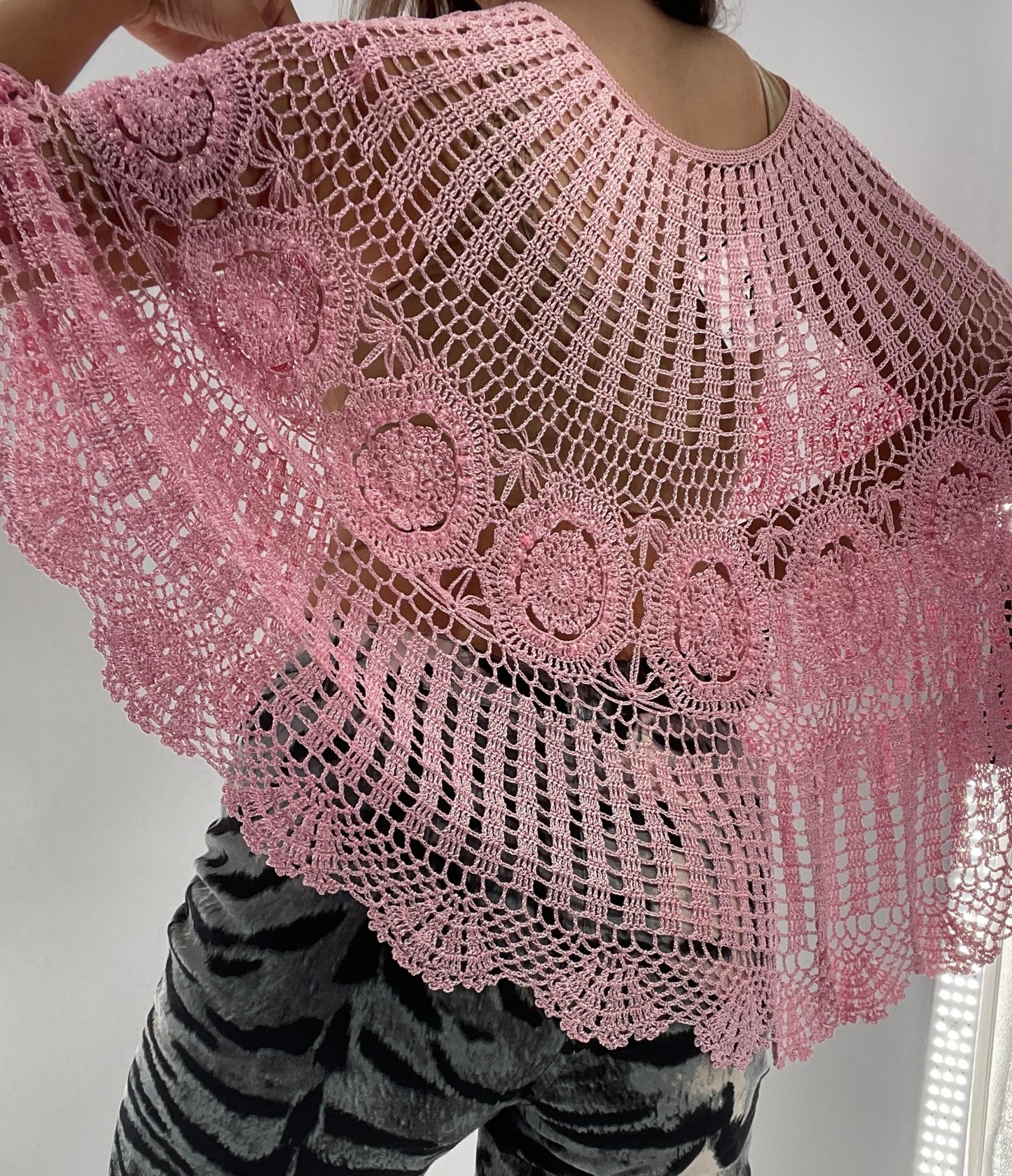 Vintage J&X NY BubbleGum Pink Crochet Embellished Poncho (One Size)