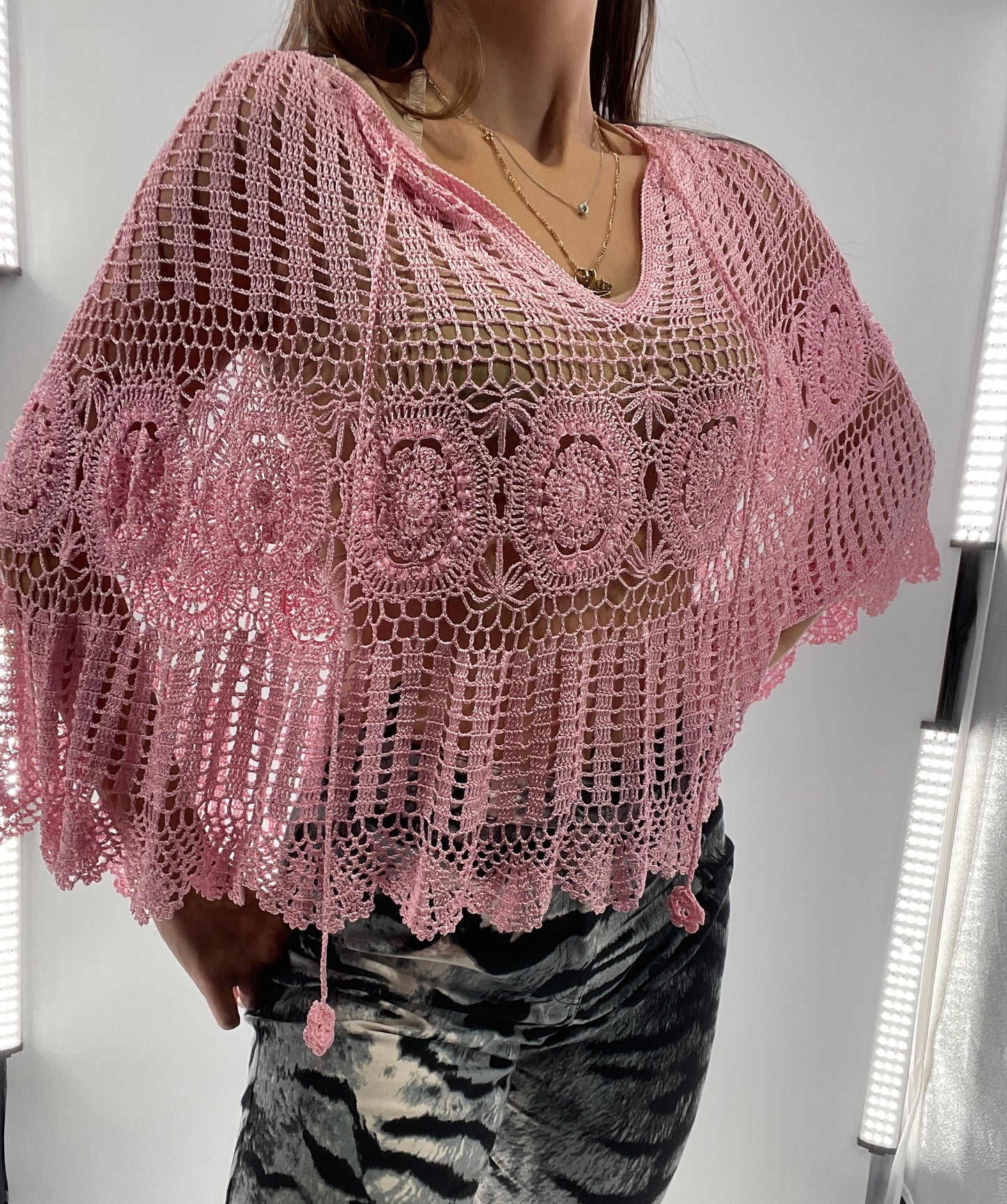 Vintage J&X NY BubbleGum Pink Crochet Embellished Poncho (One Size)