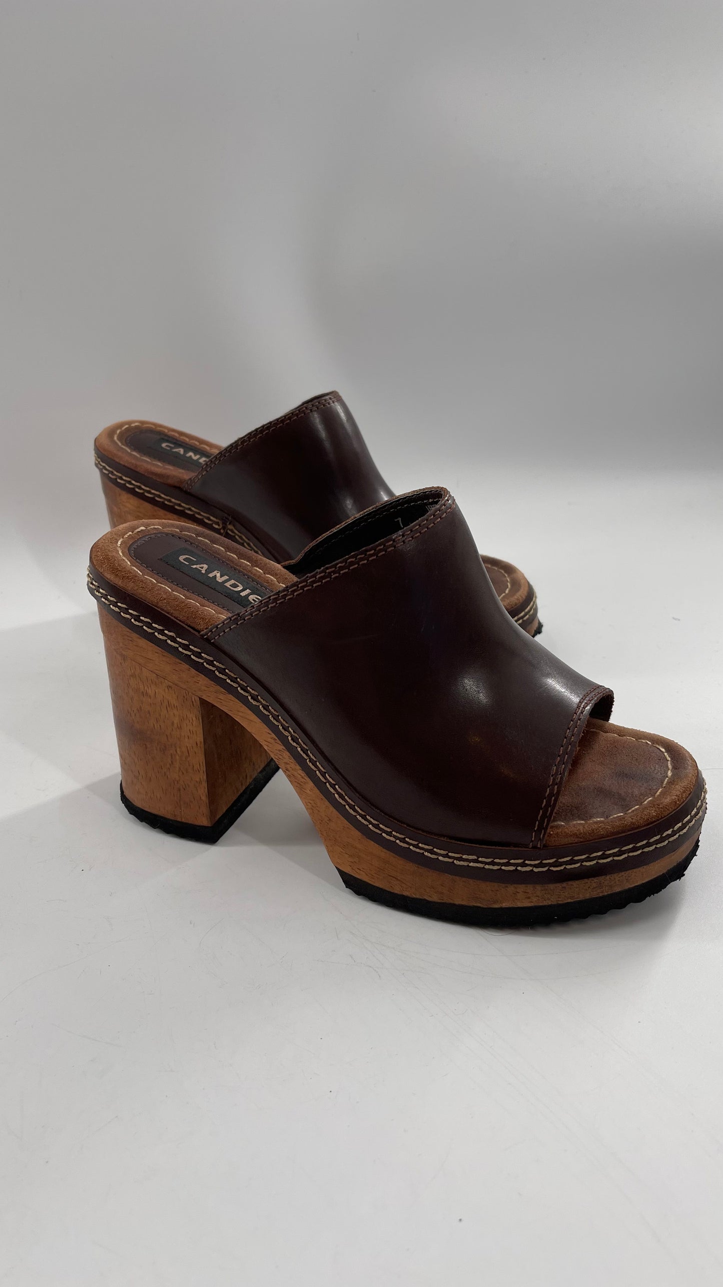 Vintage 1990s Candie’s Leather Mule Chunky Wood Platform Heels (7)