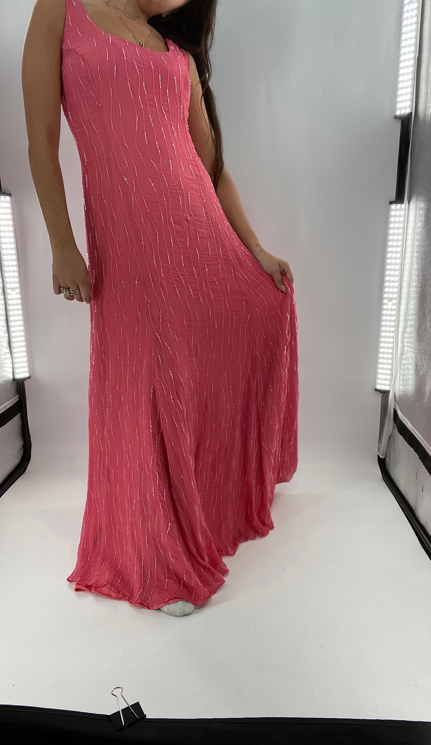 Vintage 1990s Clifford Michael Pink Beaded Crimped 100% Silk Maxi (10)