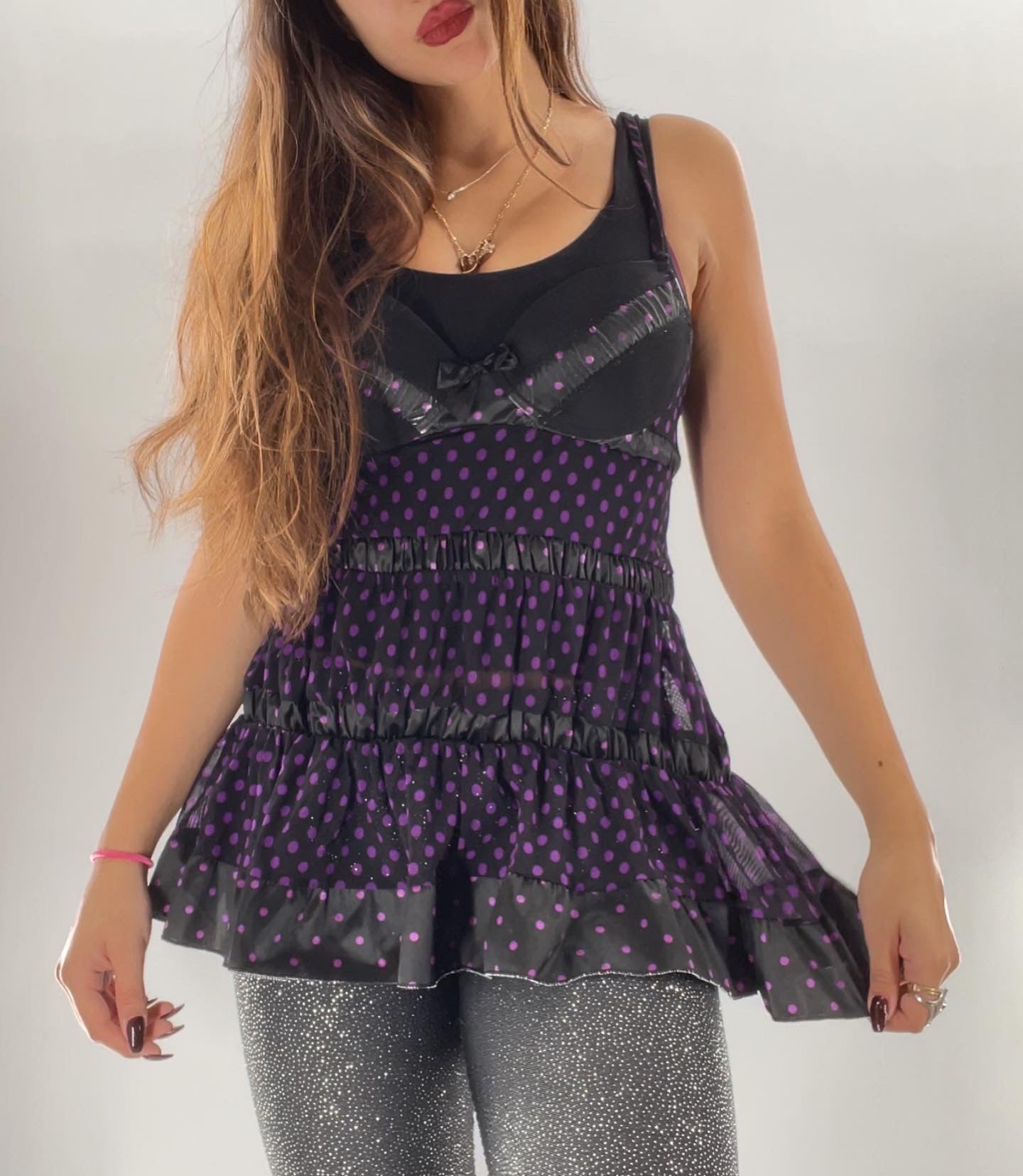 Vintage Black + Purple Polka Dot Babydoll (34B)