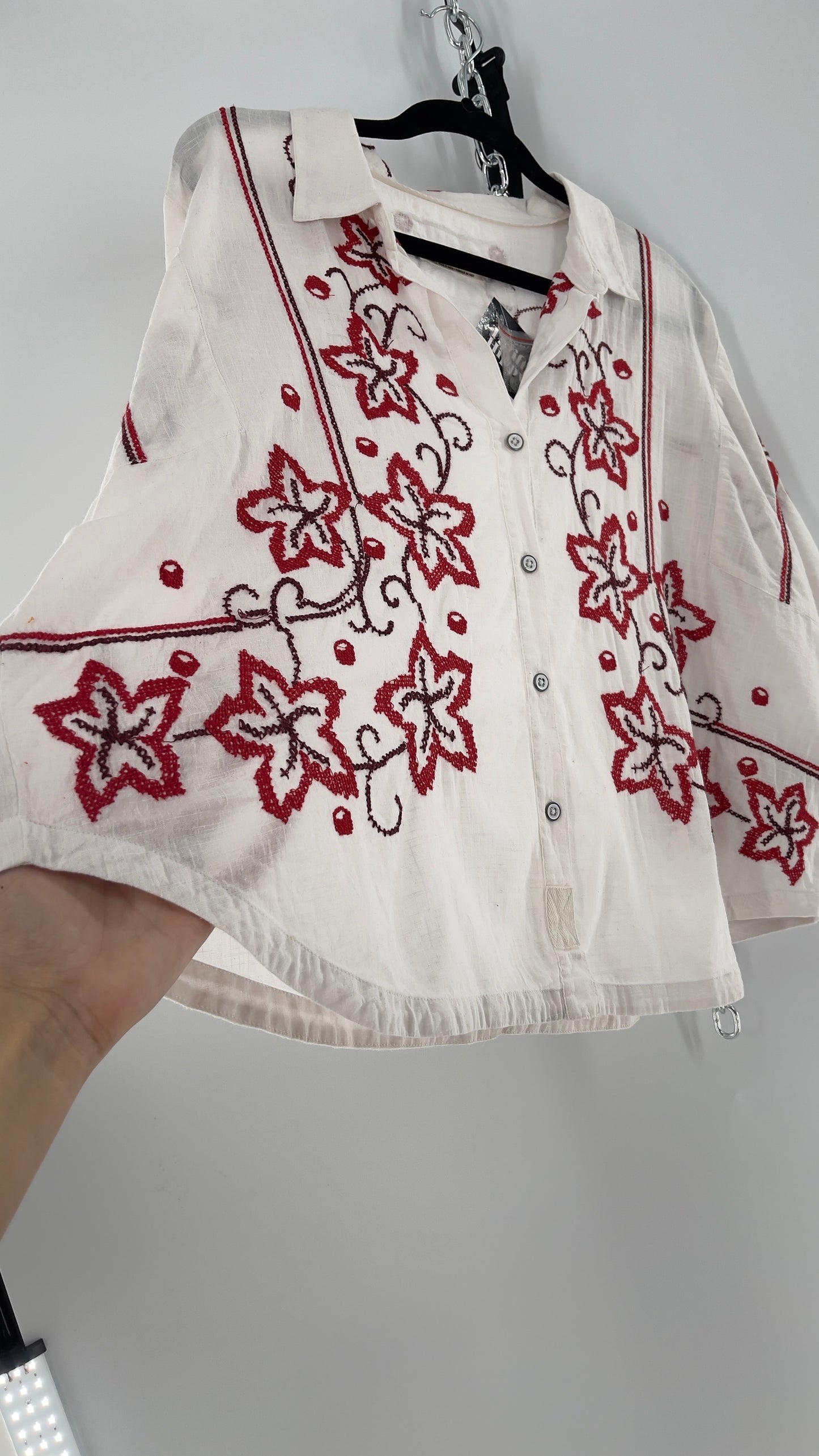 Free People White Cotton Boxy Button Short Sleeve with Red Needlepoint Embroidery (Small)