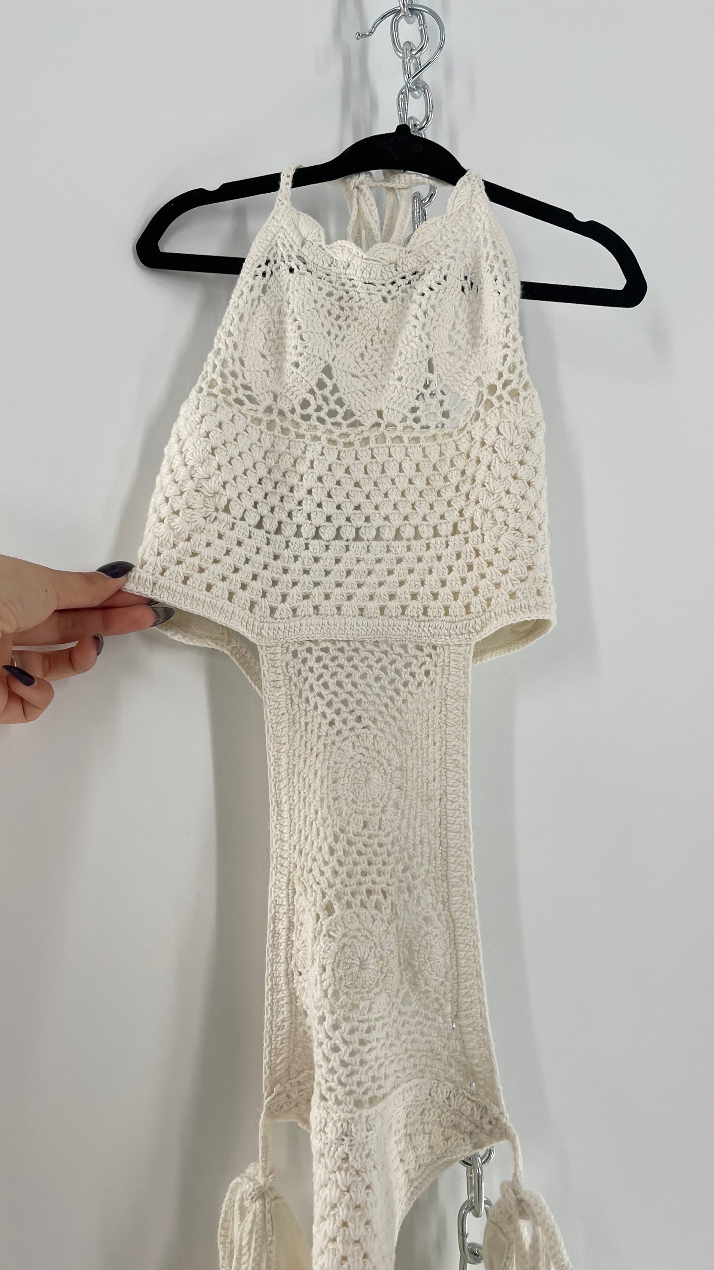 Free People White Crochet Swim Bodysuit (Small)