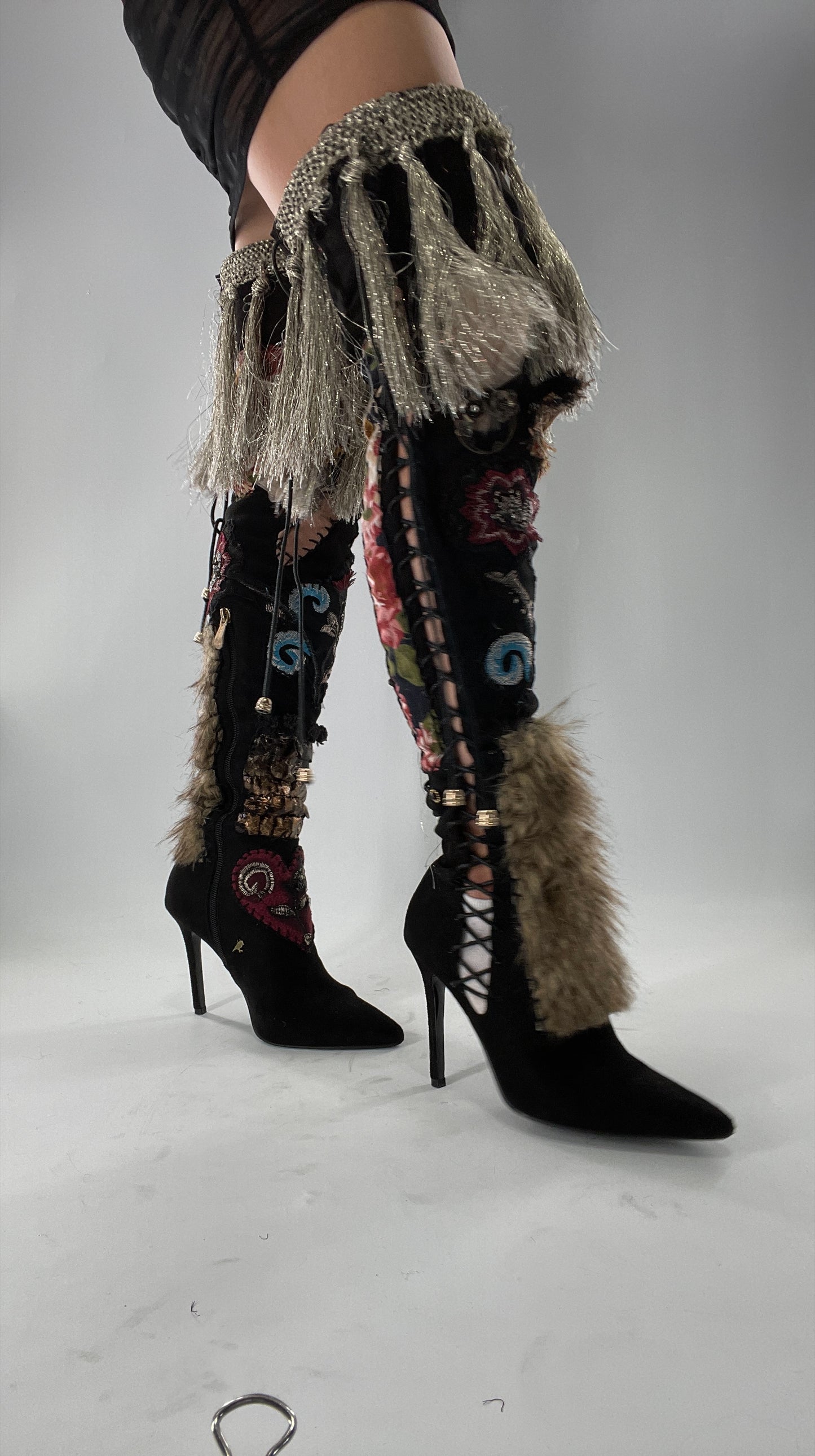 Custom Hand Sewn + Embroidered Thigh High Boots (7.5)