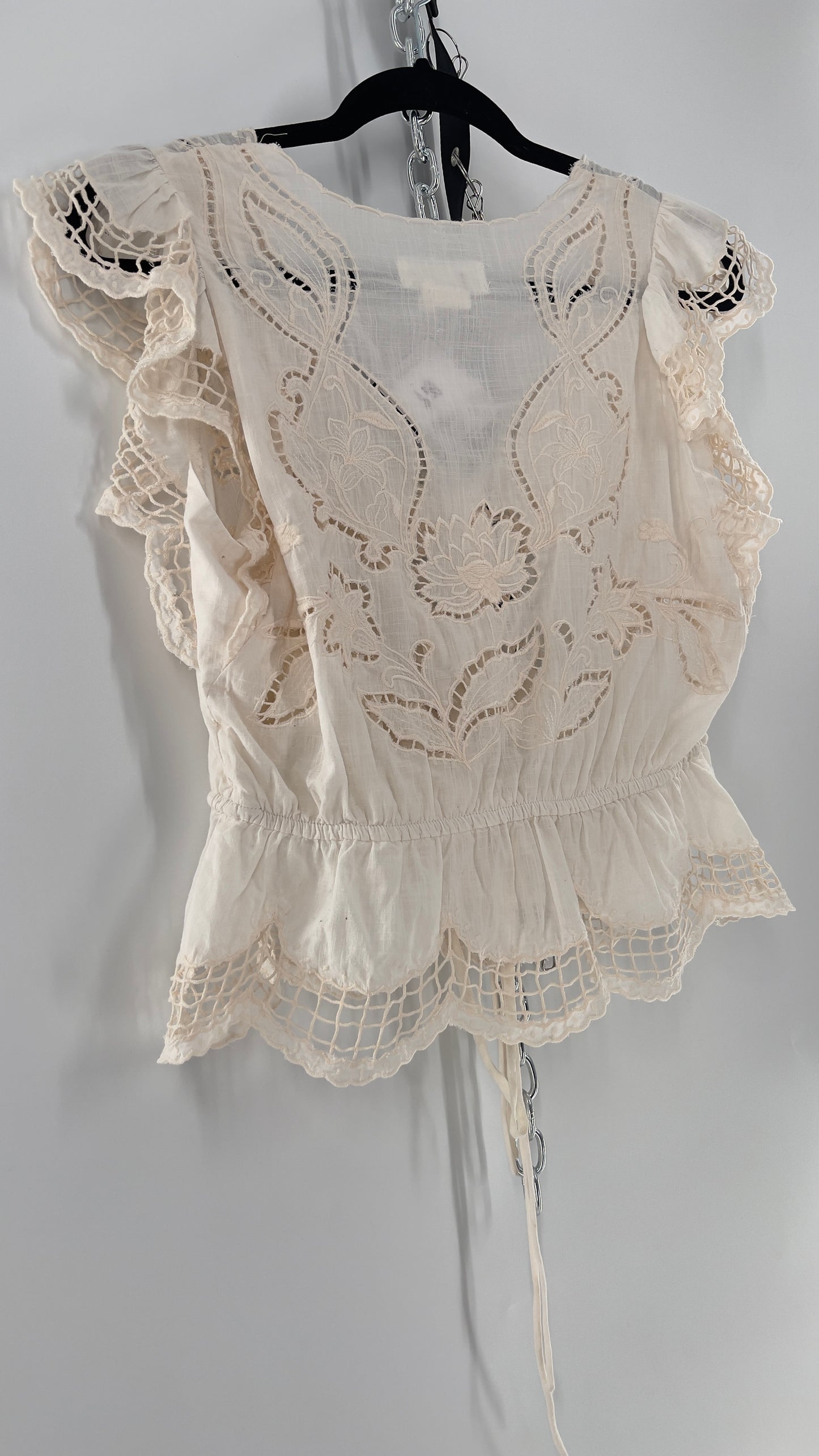 Anthropologie Off White Embroidered Perforated Lace Tie Waist Tank (XS)