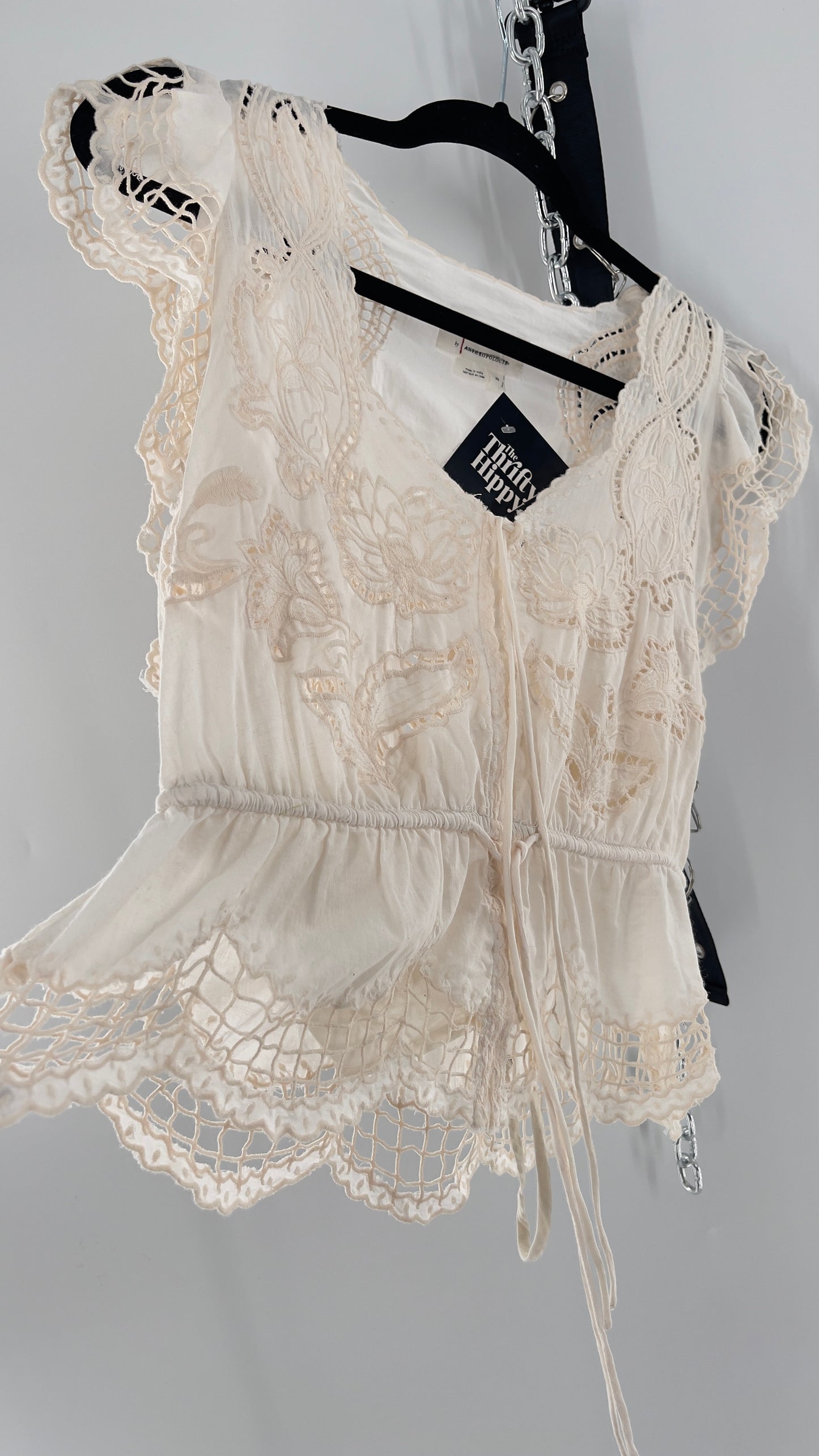 Anthropologie Off White Embroidered Perforated Lace Tie Waist Tank (XS)