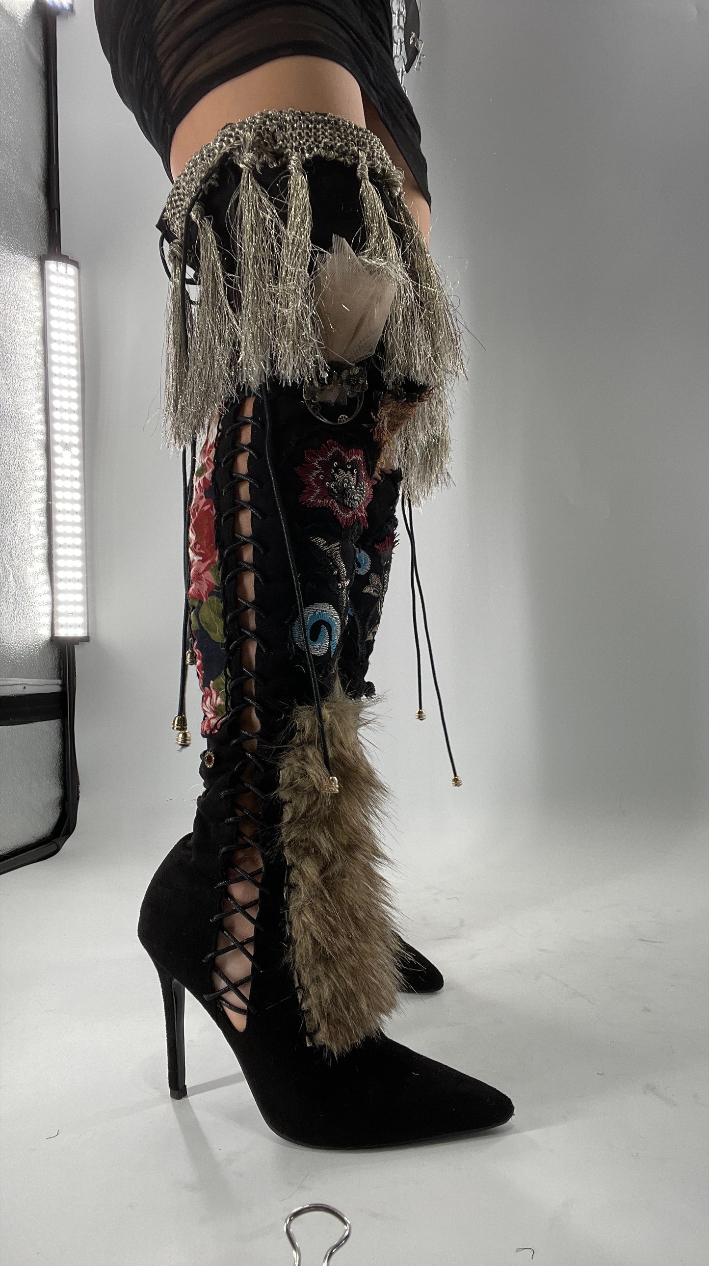 Custom Hand Sewn + Embroidered Thigh High Boots (7.5)