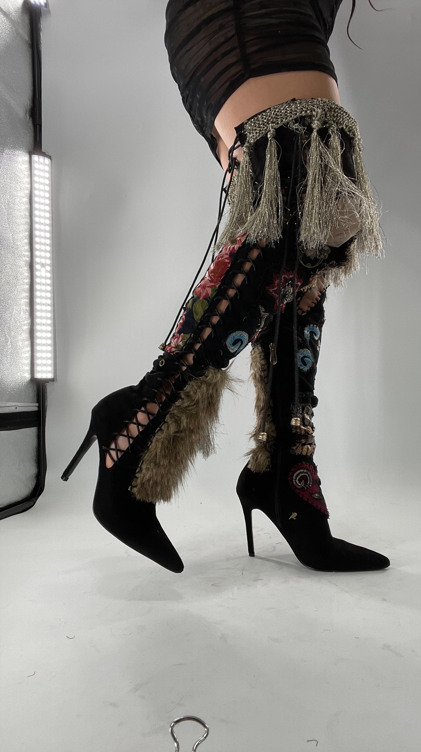 Custom Hand Sewn + Embroidered Thigh High Boots (7.5)