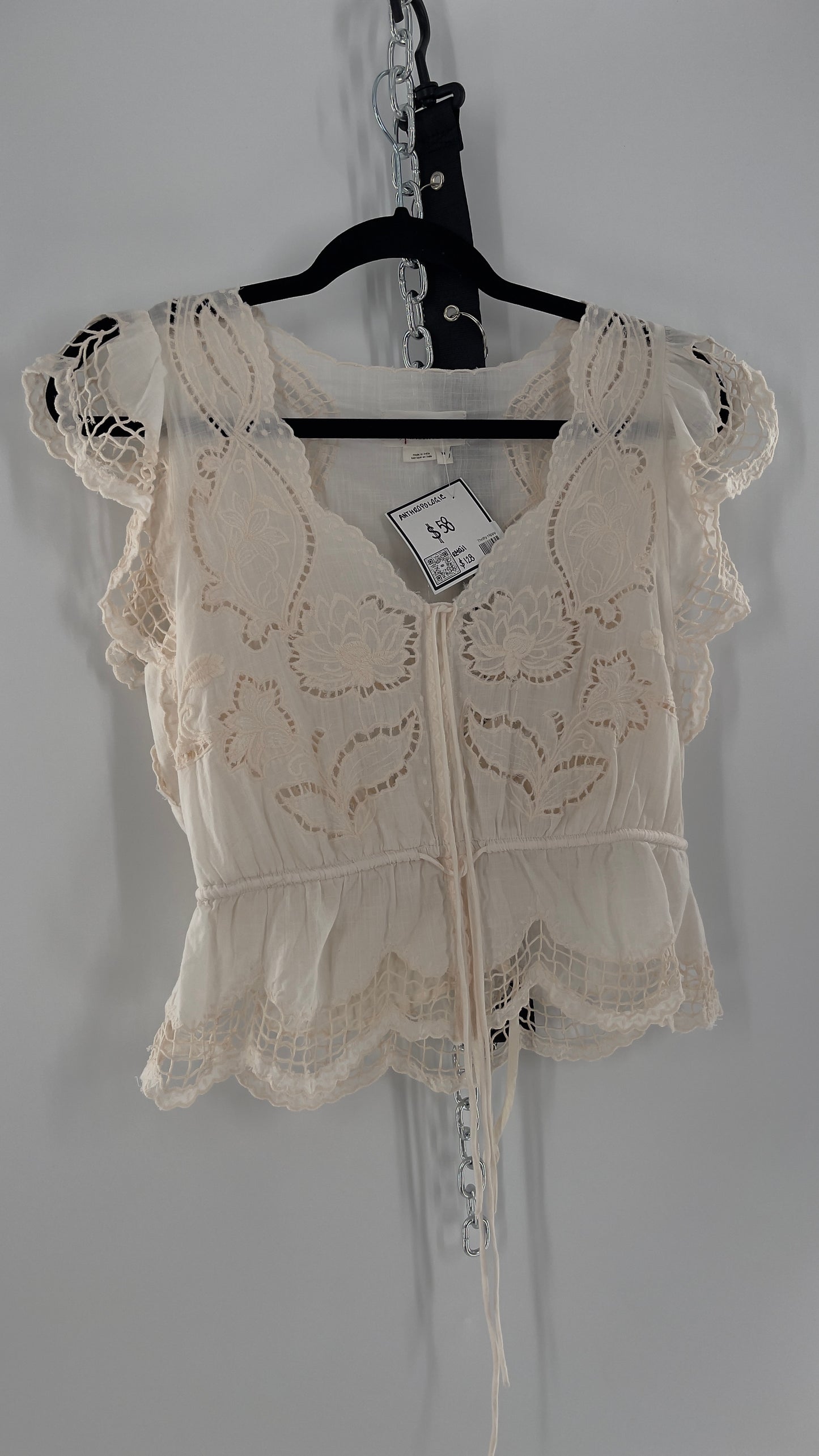 Anthropologie Off White Embroidered Perforated Lace Tie Waist Tank (XS)