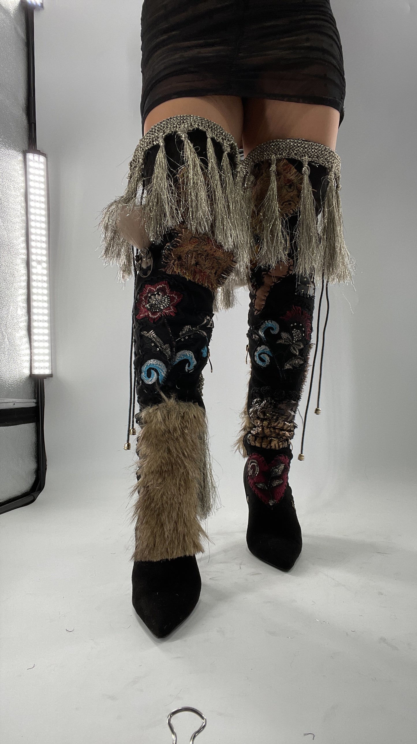 Custom Hand Sewn + Embroidered Thigh High Boots (7.5)