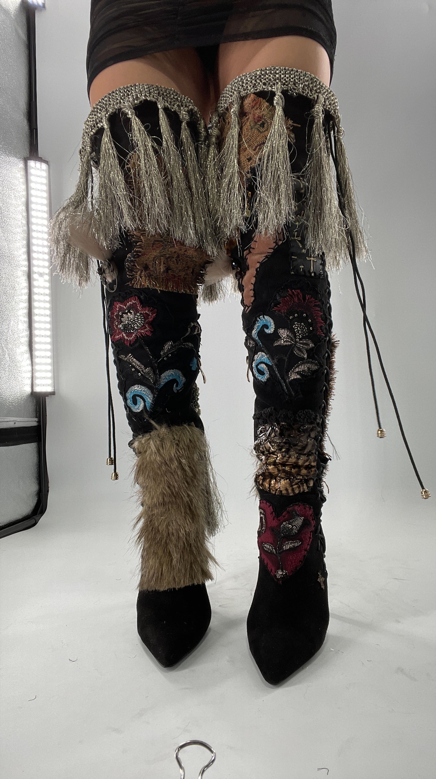 Custom Hand Sewn + Embroidered Thigh High Boots (7.5)