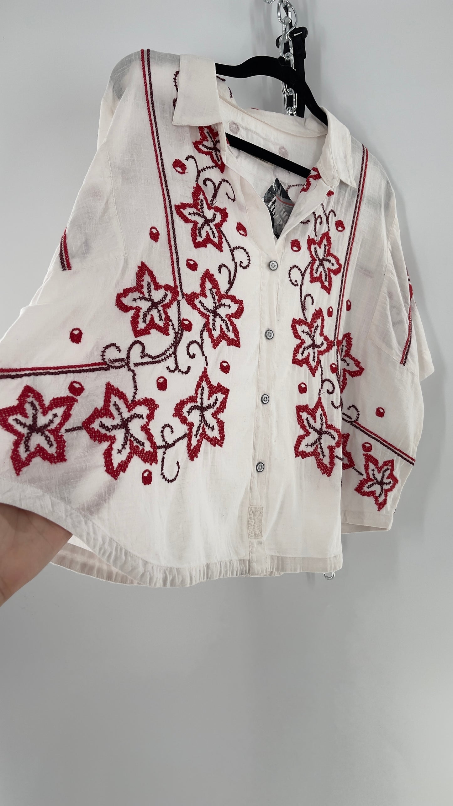 Free People White Cotton Boxy Button Short Sleeve with Red Needlepoint Embroidery (Small)