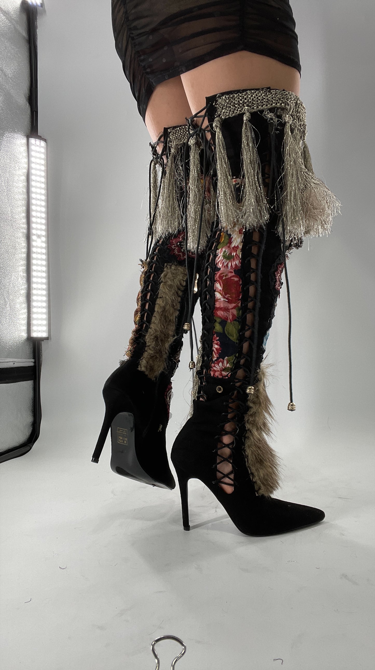 Custom Hand Sewn + Embroidered Thigh High Boots (7.5)