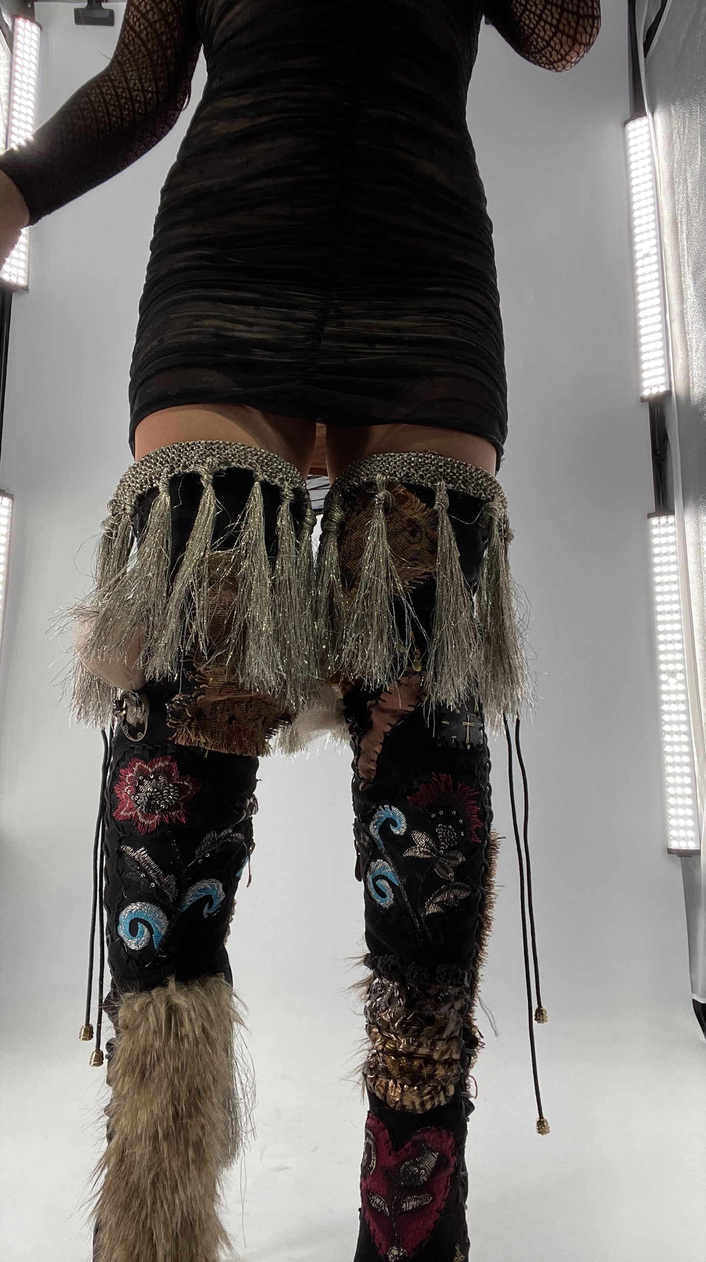 Custom Hand Sewn + Embroidered Thigh High Boots (7.5)