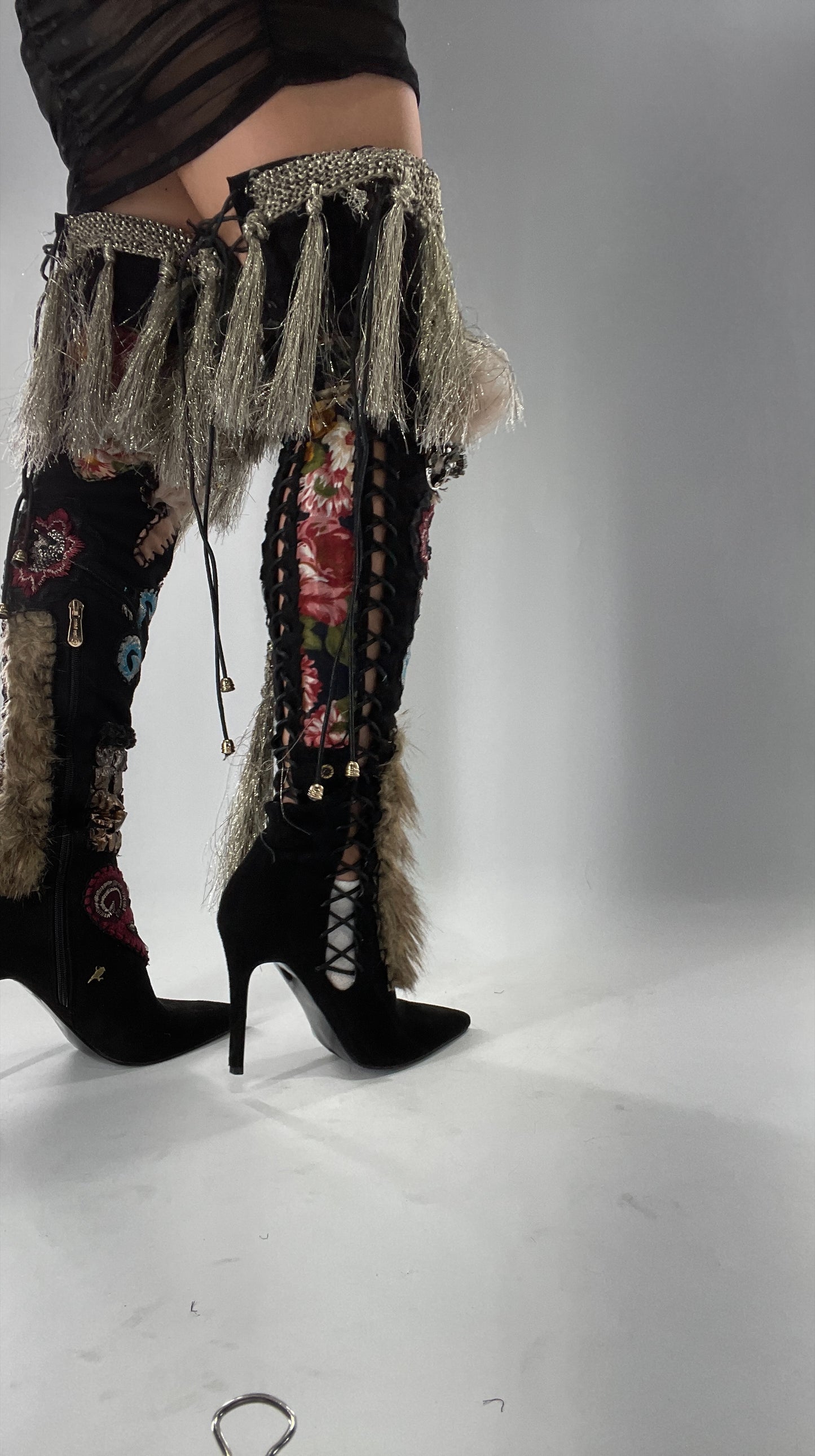 Custom Hand Sewn + Embroidered Thigh High Boots (7.5)