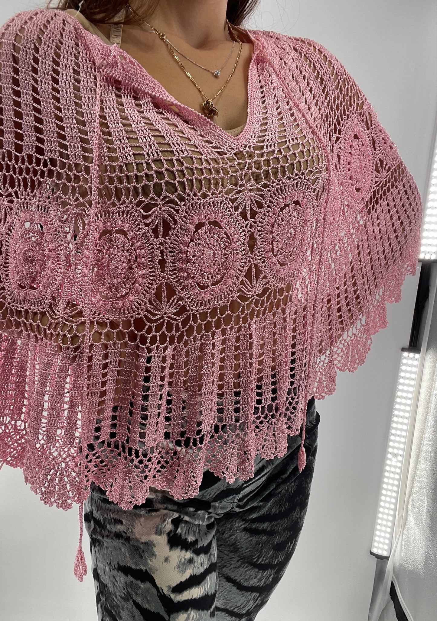 Vintage J&X NY BubbleGum Pink Crochet Embellished Poncho (One Size)