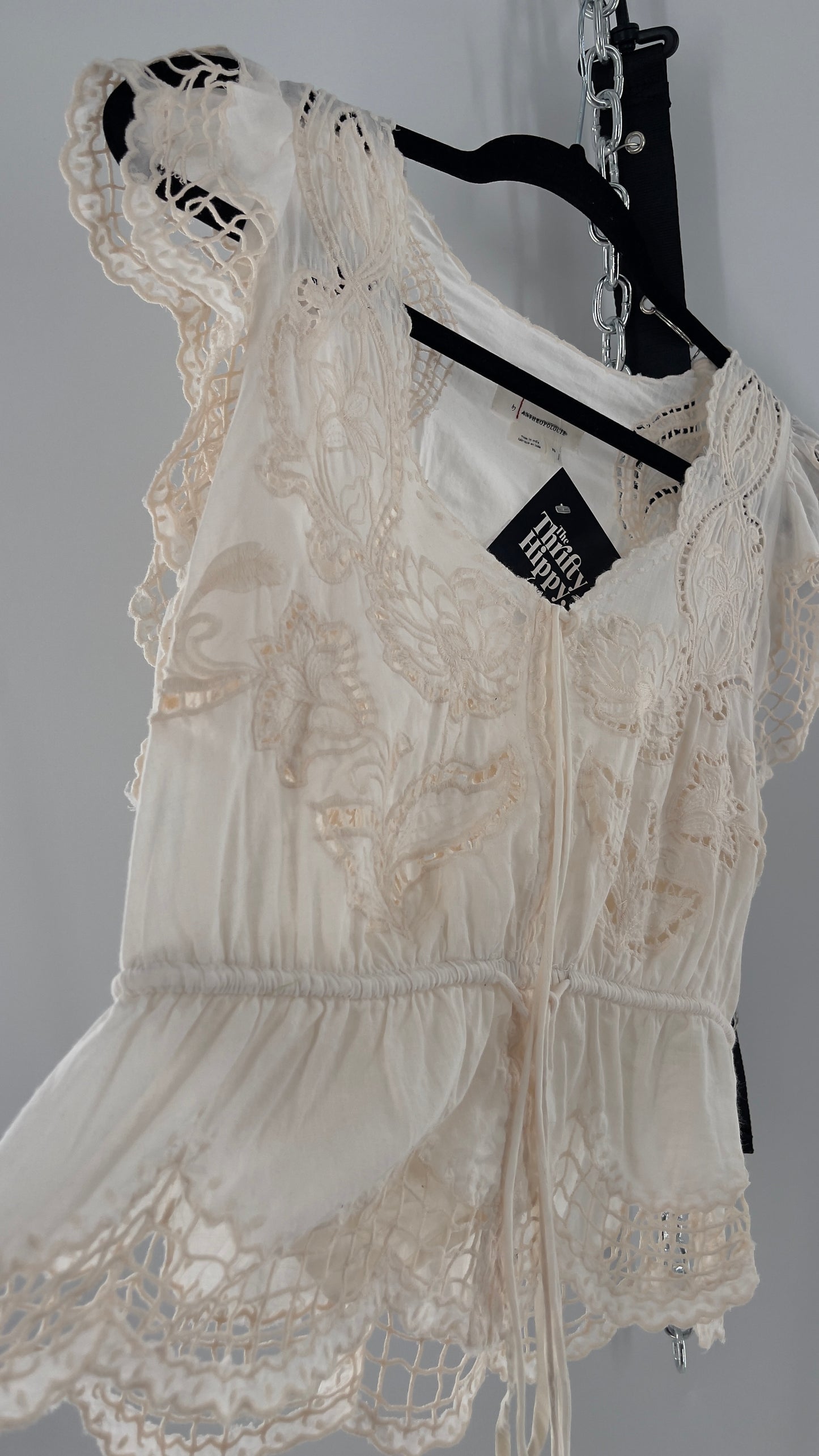 Anthropologie Off White Embroidered Perforated Lace Tie Waist Tank (XS)