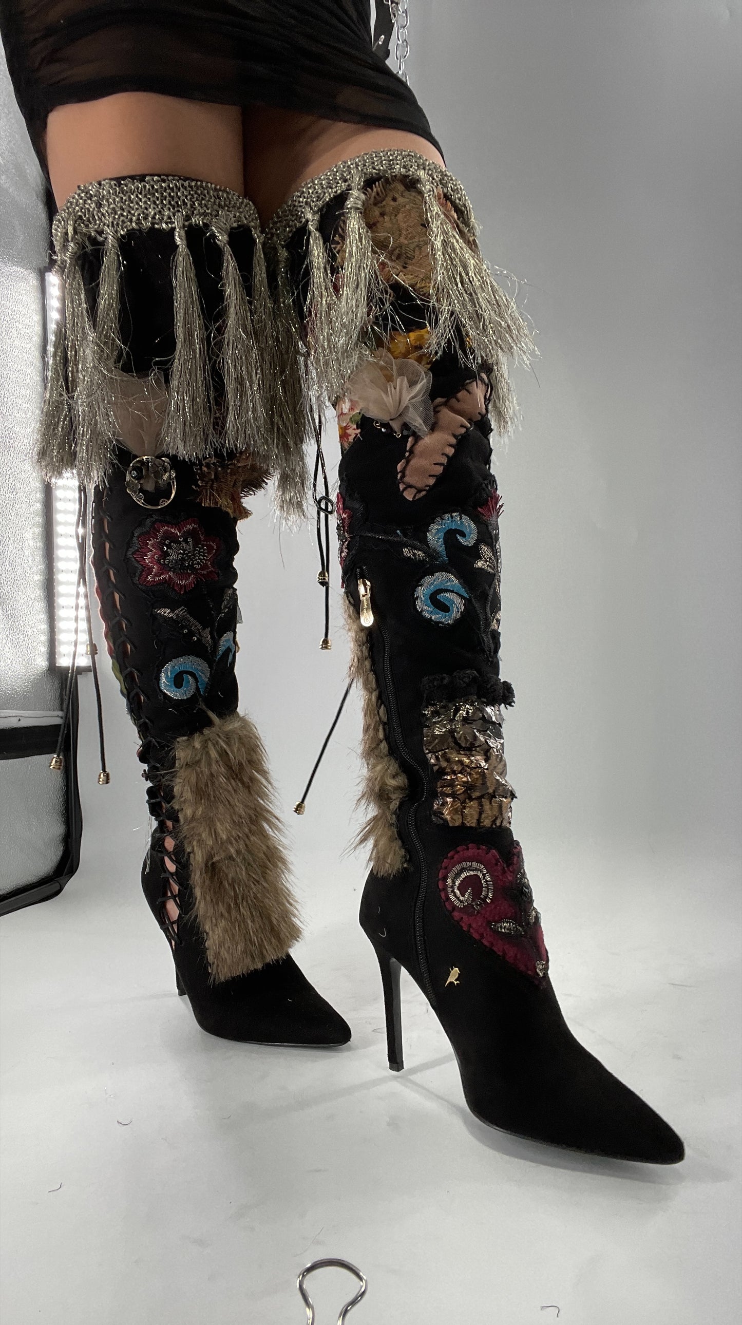 Custom Hand Sewn + Embroidered Thigh High Boots (7.5)