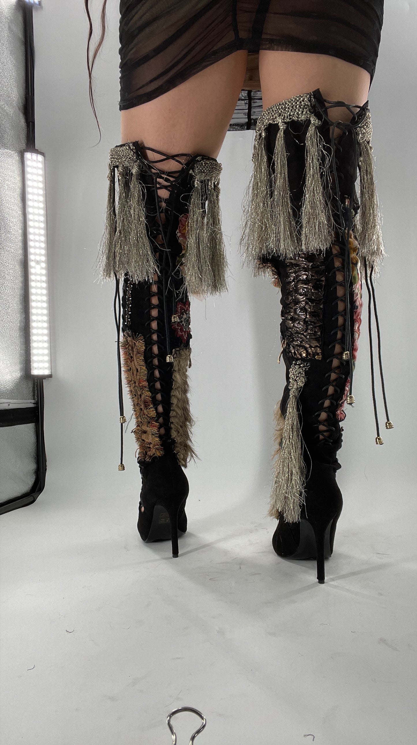 Custom Hand Sewn + Embroidered Thigh High Boots (7.5)