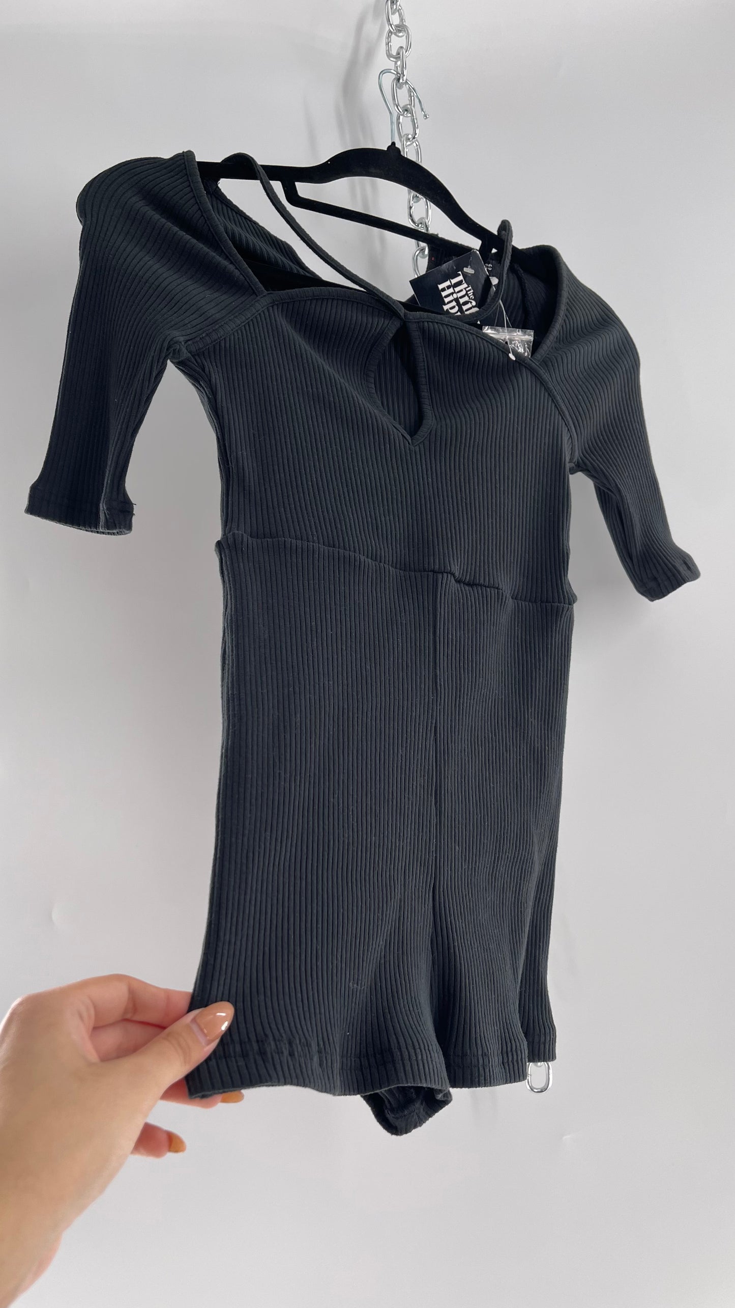 Urban Outfitters Black Ribbed Jumpsuit with Detailed Neckline (Small)
