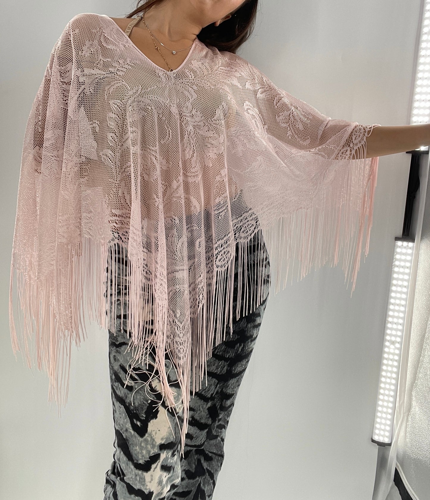 Vintage Pink Fringe Poncho (One Size)