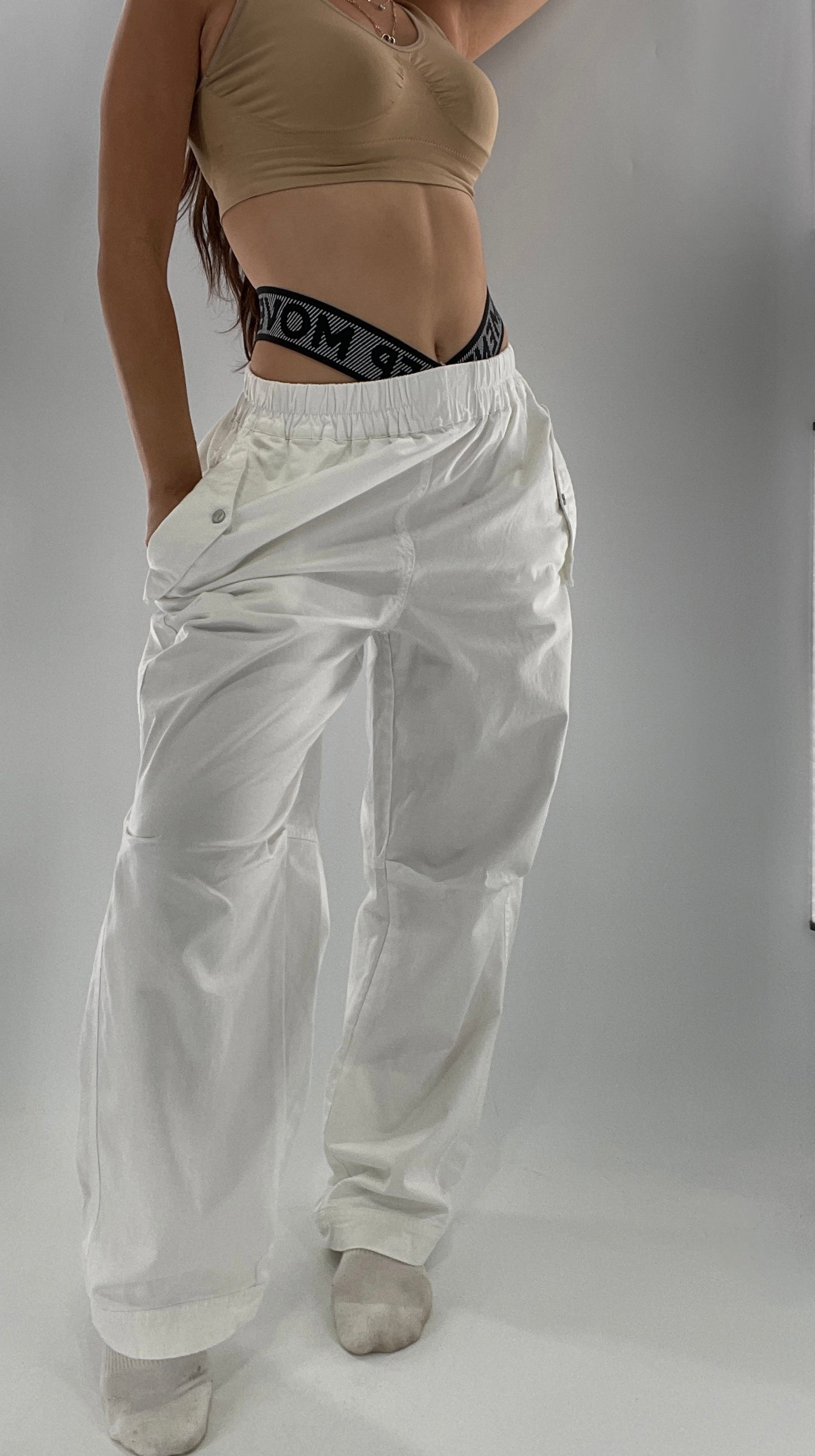 Free People Movement White Carpenter Pant with Branded Double Waistband (Small)