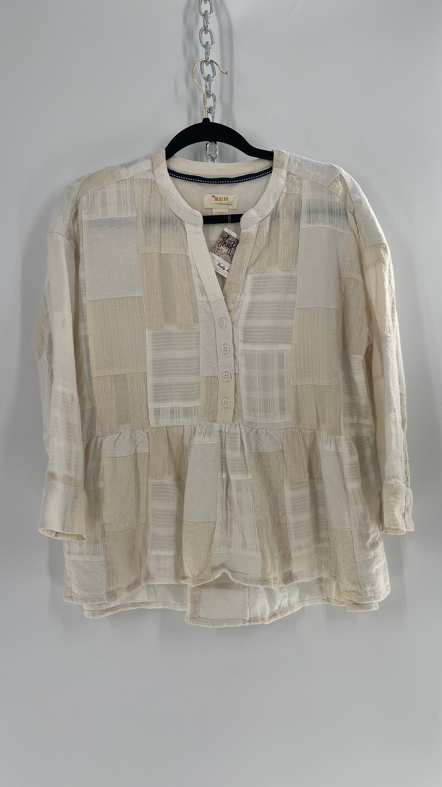 Maeve Anthropologie Beige Patchwork Long Sleeve Top (XS)
