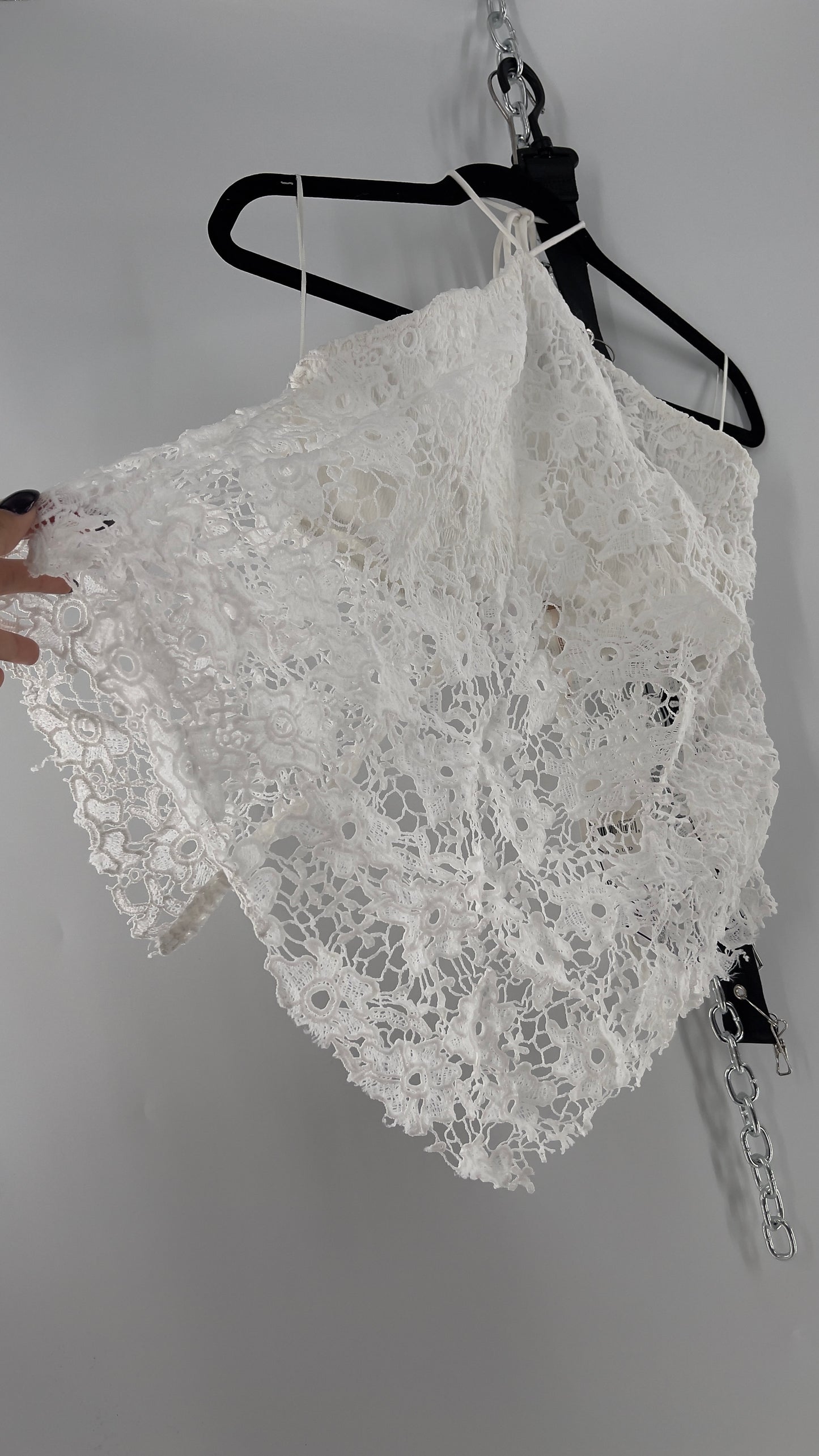 Free People White Smocked Halter with Lace Overlay (Large)