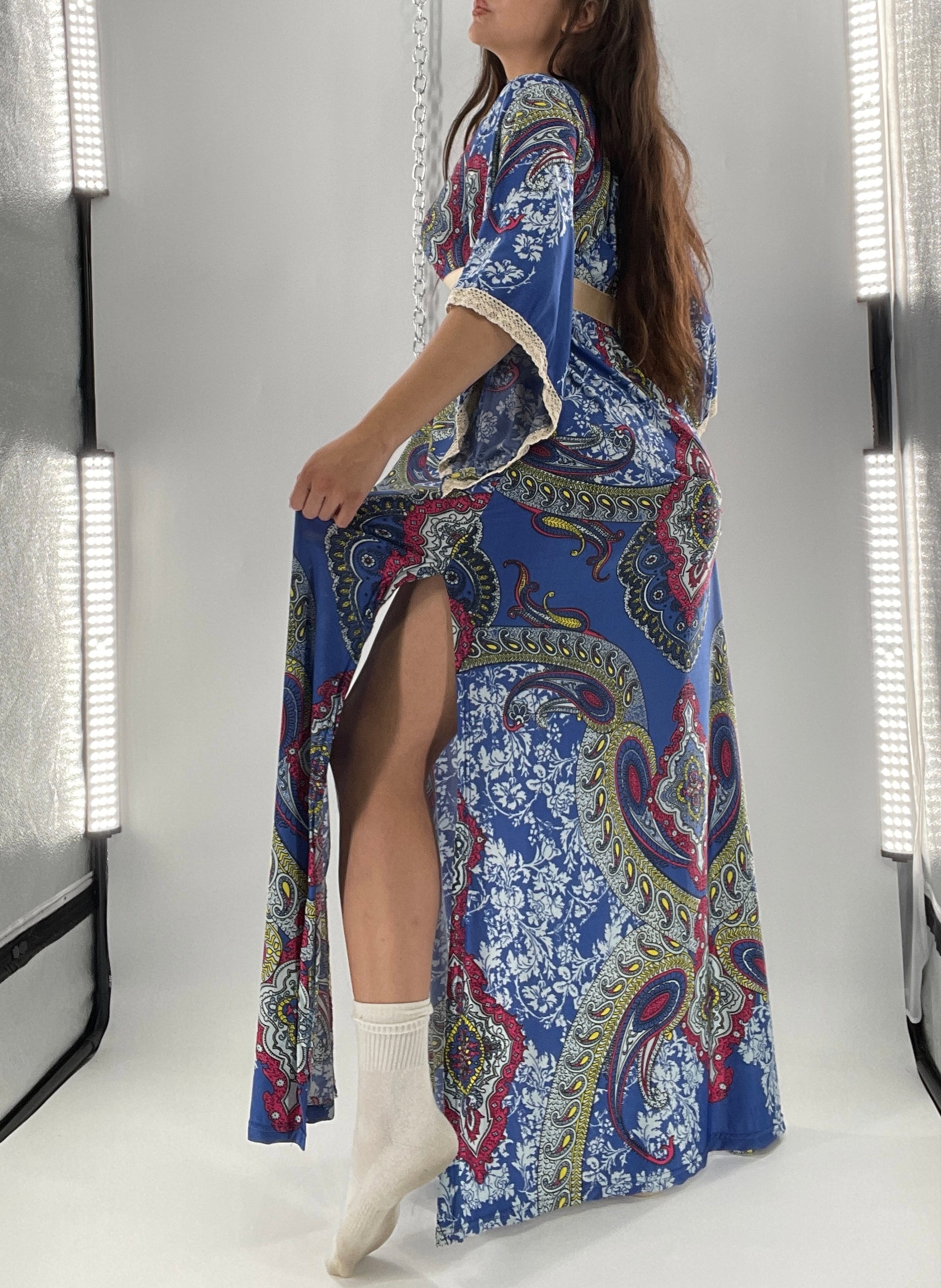 bell sleeve dress 70s style maxi (S) 70s Lace Eyelet Bell Sleeve Maxi Dress
