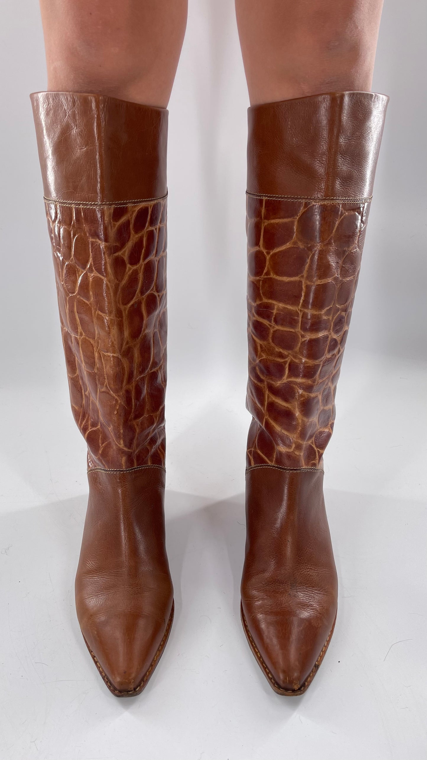 Joan & David Brown Leather Cowboy Snake Print Boots