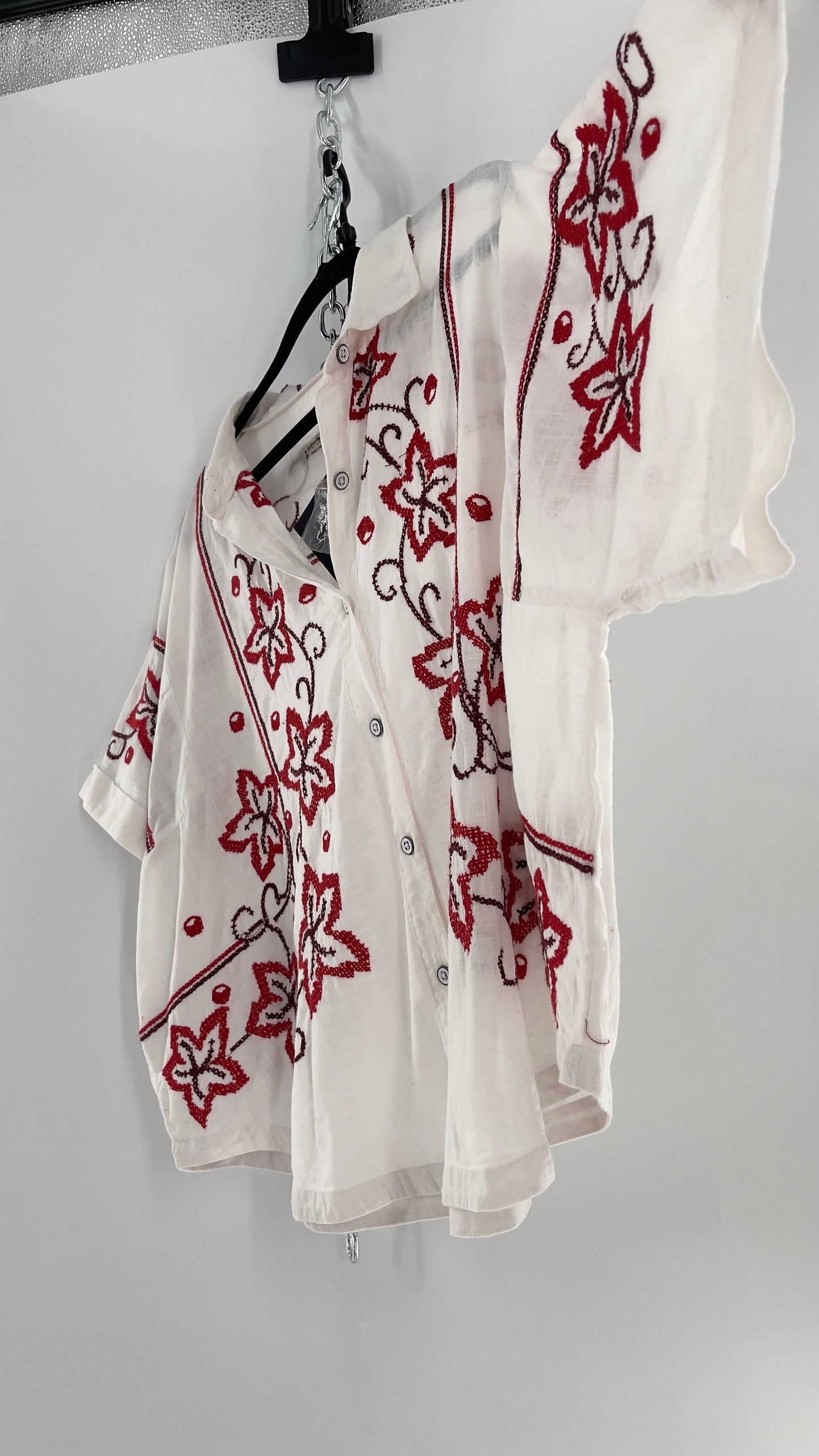 Free People White Cotton Boxy Button Short Sleeve with Red Needlepoint Embroidery (Small)