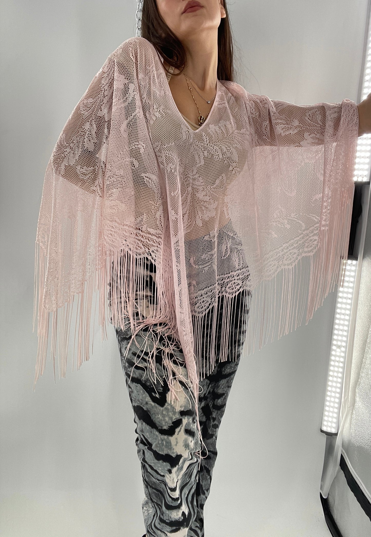 Vintage Pink Fringe Poncho (One Size)